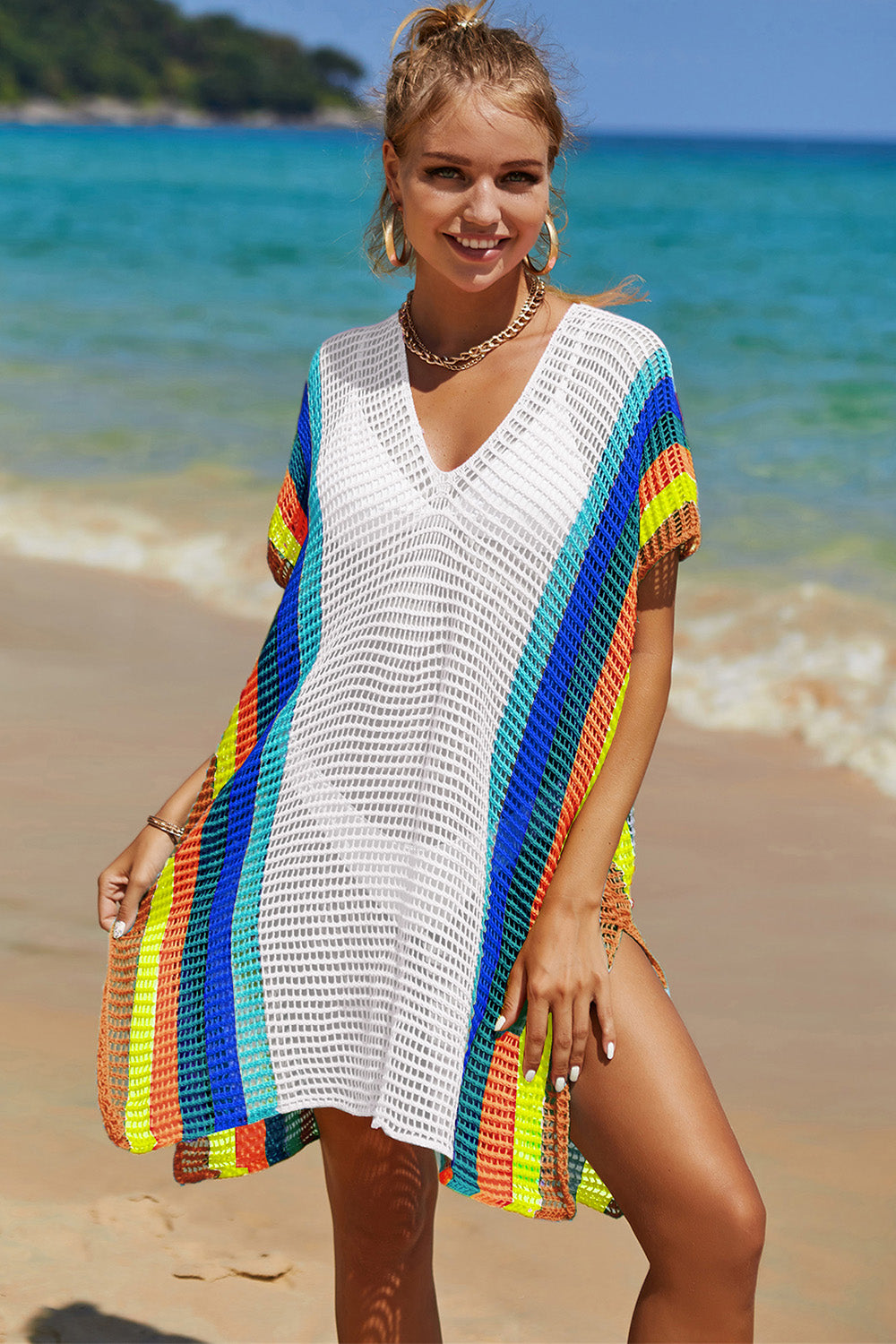 Openwork Striped Slit Knit Cover Up-Trendsi-Heathered Boho Boutique, Women's Fashion and Accessories in Palmetto, FL