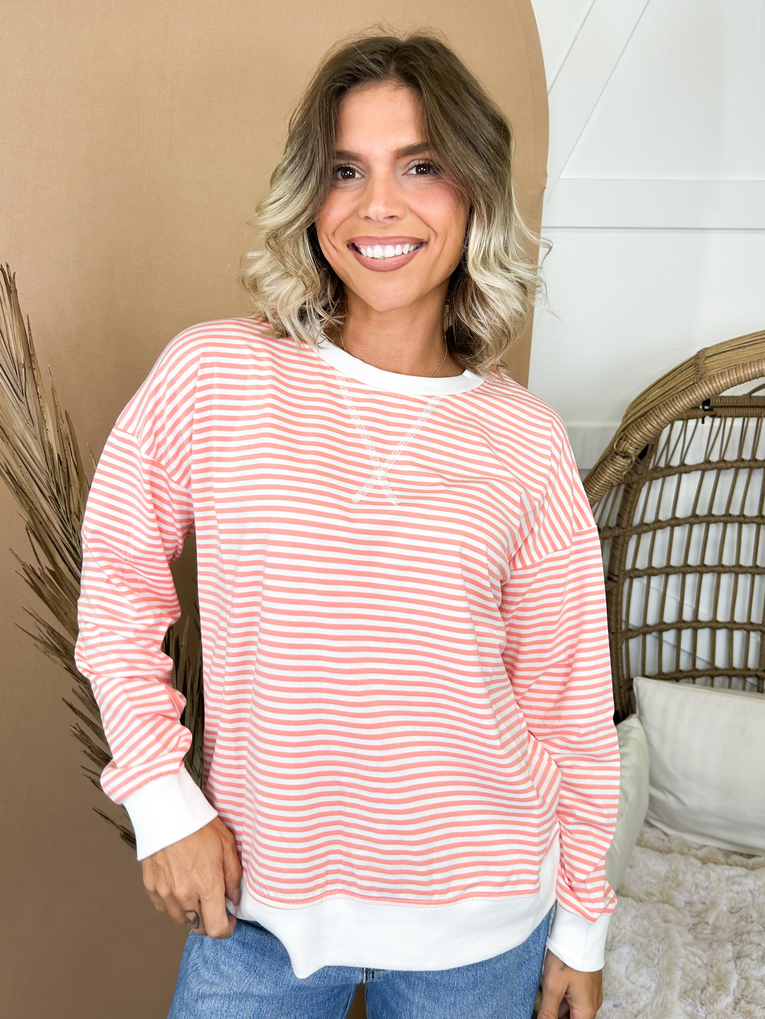 The Weekend Mood Striped Top-120 LONG SLEEVE TOPS-ZENANA-Heathered Boho Boutique, Women's Fashion and Accessories in Palmetto, FL
