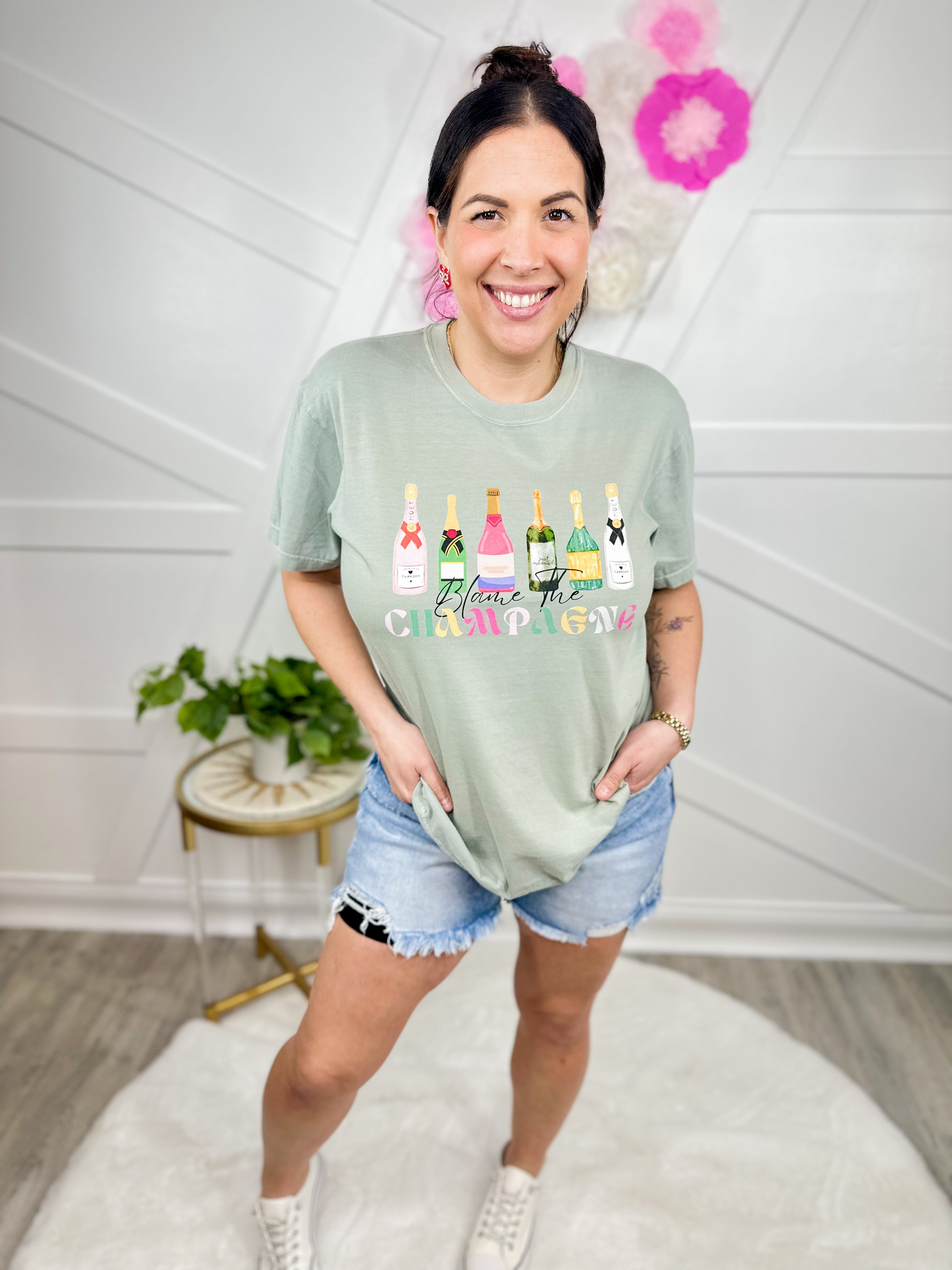 Blame the Champagne Graphic Tee-130 Graphic Tees-Heathered Boho-Heathered Boho Boutique, Women's Fashion and Accessories in Palmetto, FL