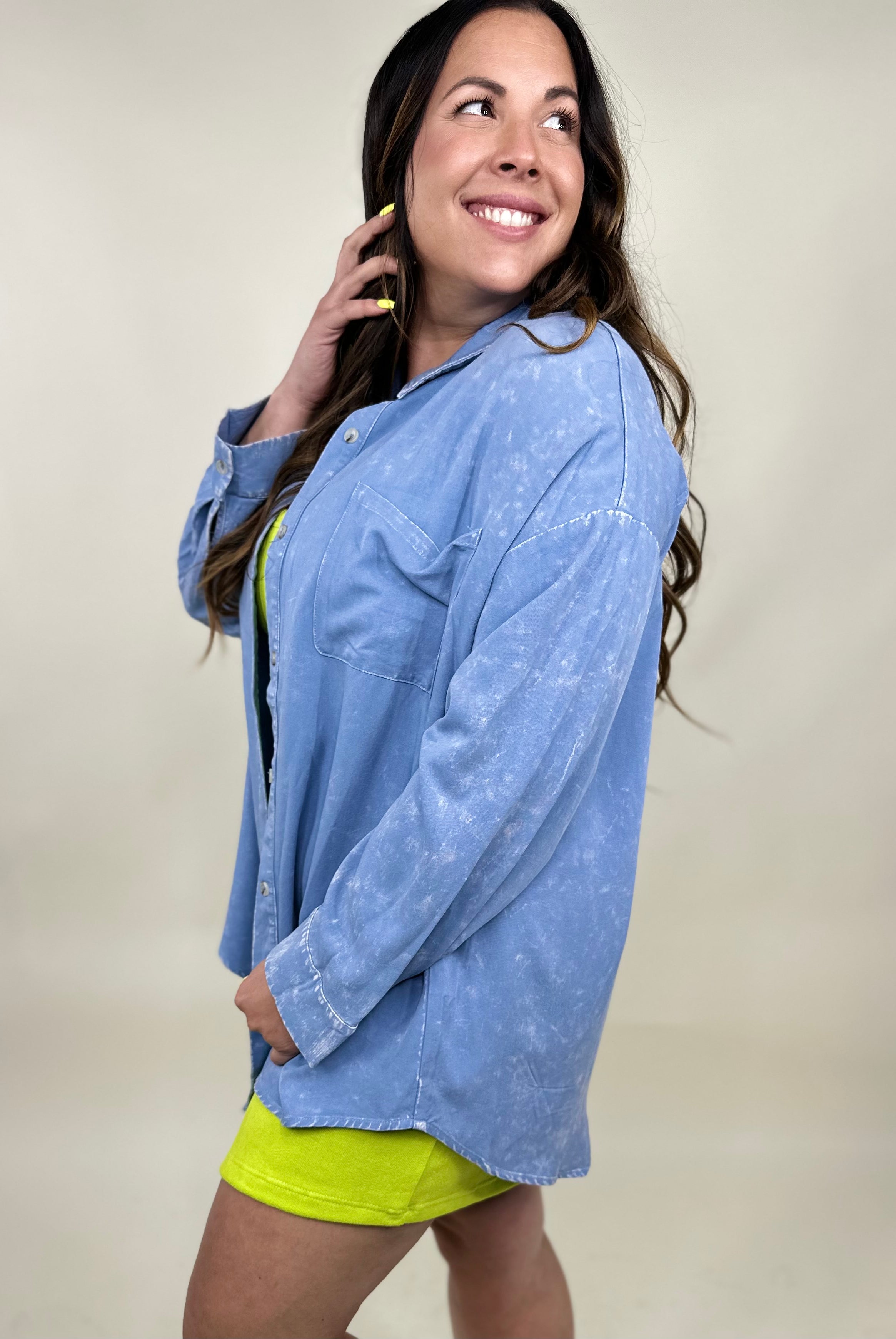 Iconic Button Down Top-120 Long Sleeve Tops-White Birch-Heathered Boho Boutique, Women's Fashion and Accessories in Palmetto, FL