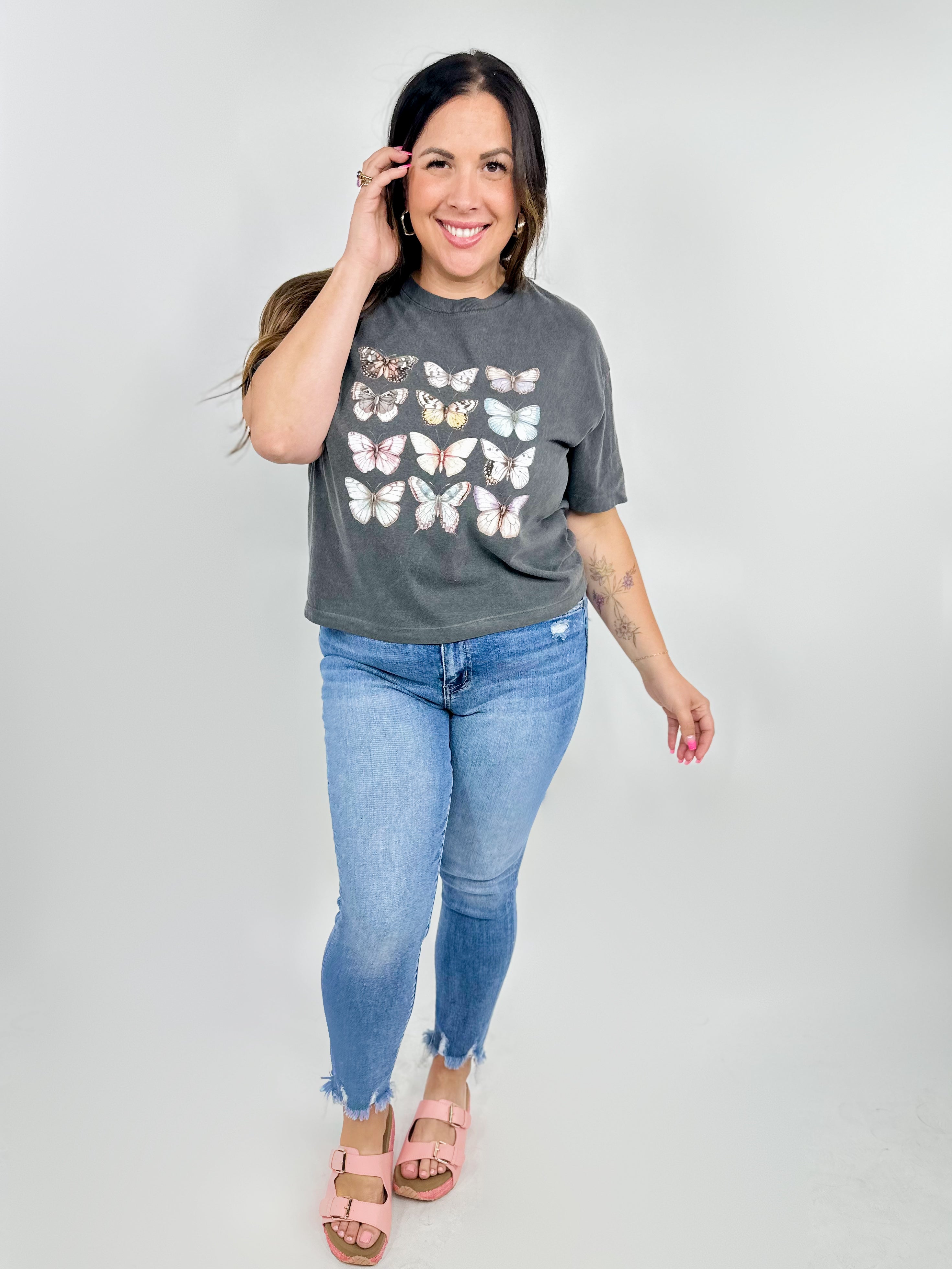 Pastel Butterflies Graphic Boxy Tee-130 Graphic Tees-Heathered Boho-Heathered Boho Boutique, Women's Fashion and Accessories in Palmetto, FL