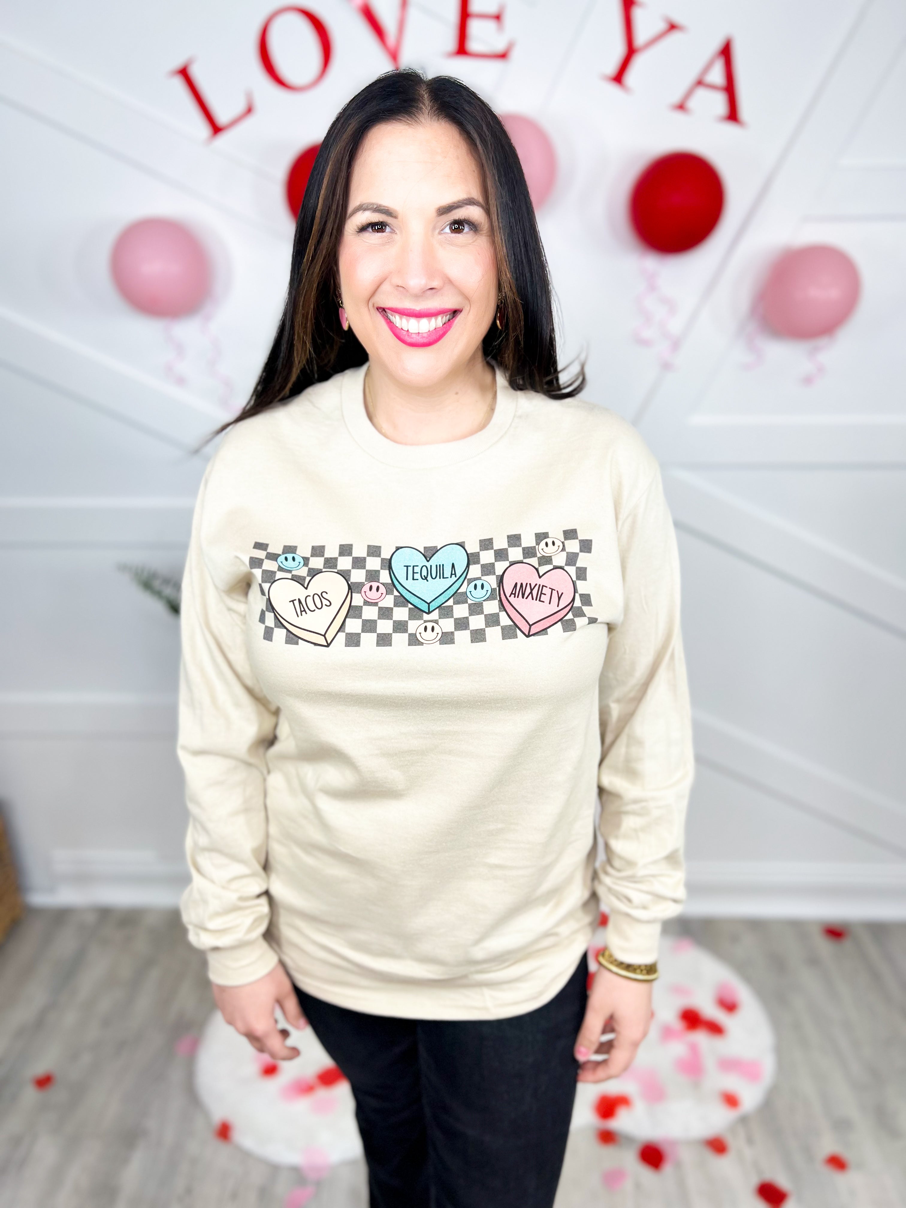 Tacos, Tequila, Anxiety Hearts Graphic Long Sleeve-130 Graphic Tees-Heathered Boho-Heathered Boho Boutique, Women's Fashion and Accessories in Palmetto, FL