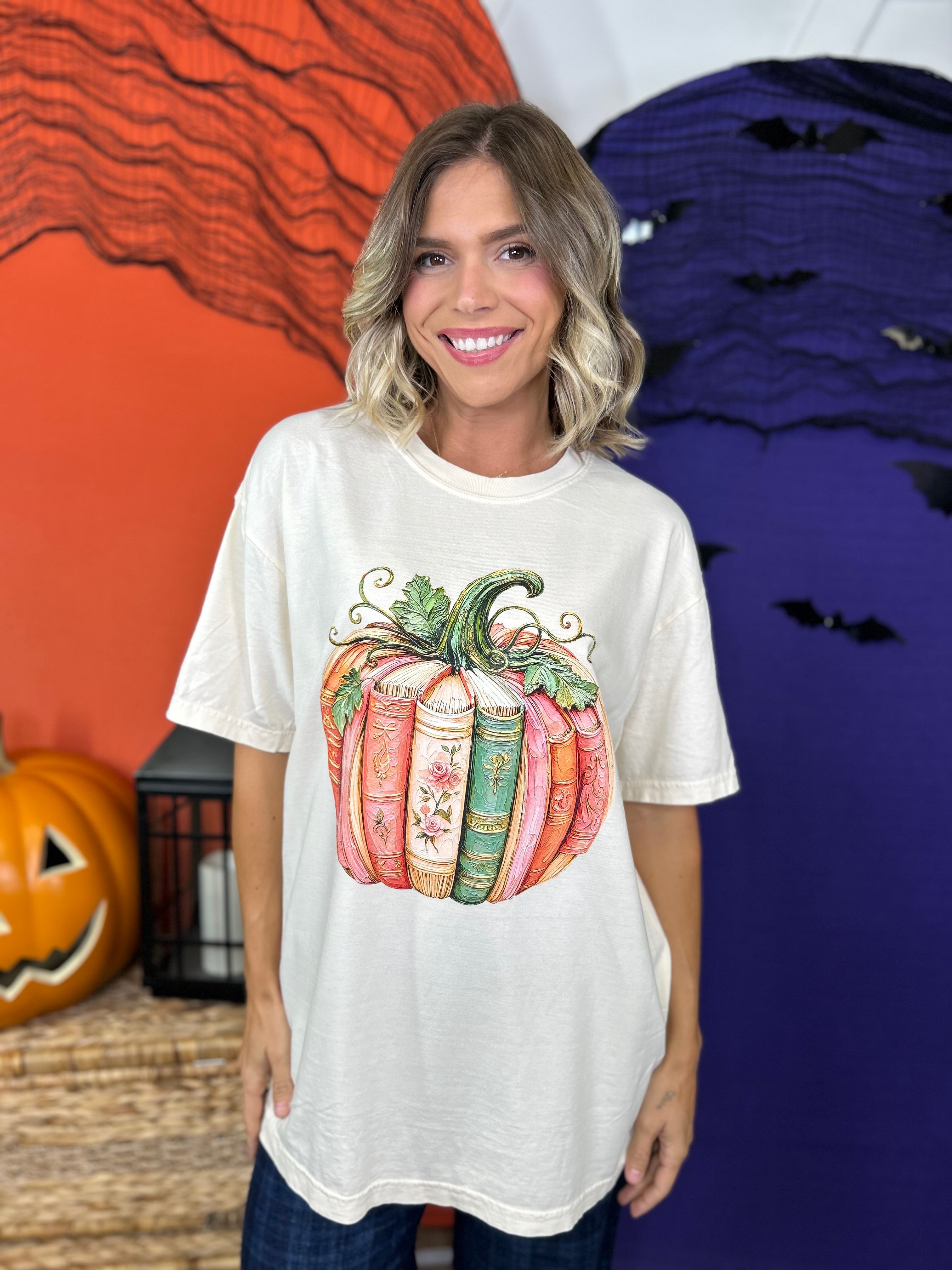 Pumpkin Book Graphic Tee-130 Graphic Tees-Heathered Boho-Heathered Boho Boutique, Women's Fashion and Accessories in Palmetto, FL