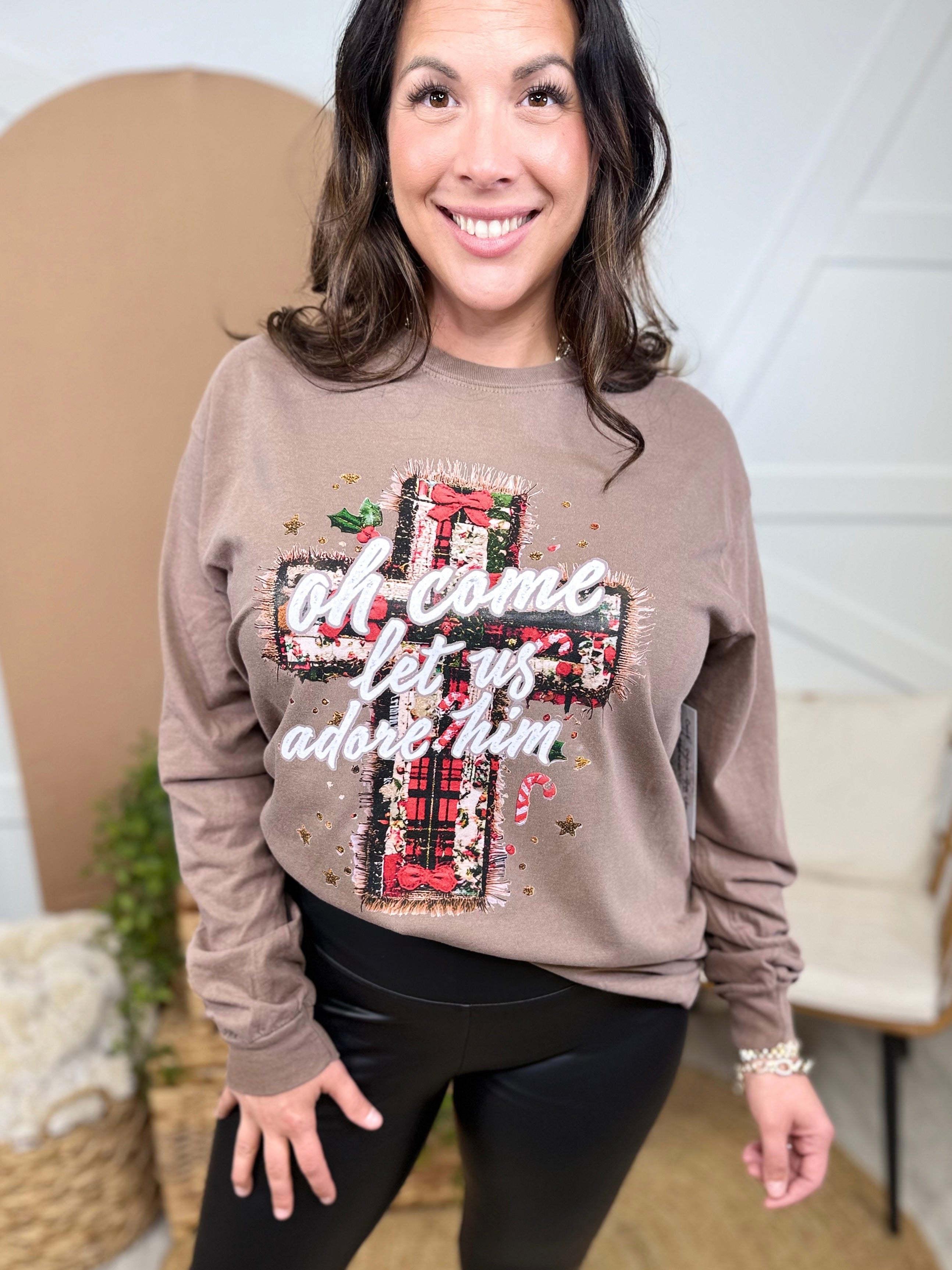 Oh Come Let Us Adore Him Graphic Long Sleeve-130 Graphic Tees-Heathered Boho-Heathered Boho Boutique, Women's Fashion and Accessories in Palmetto, FL