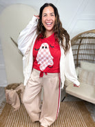 Bats and Checkered Ghost Graphic V-Neck Tee-130 Graphic Tees-Heathered Boho-Heathered Boho Boutique, Women's Fashion and Accessories in Palmetto, FL