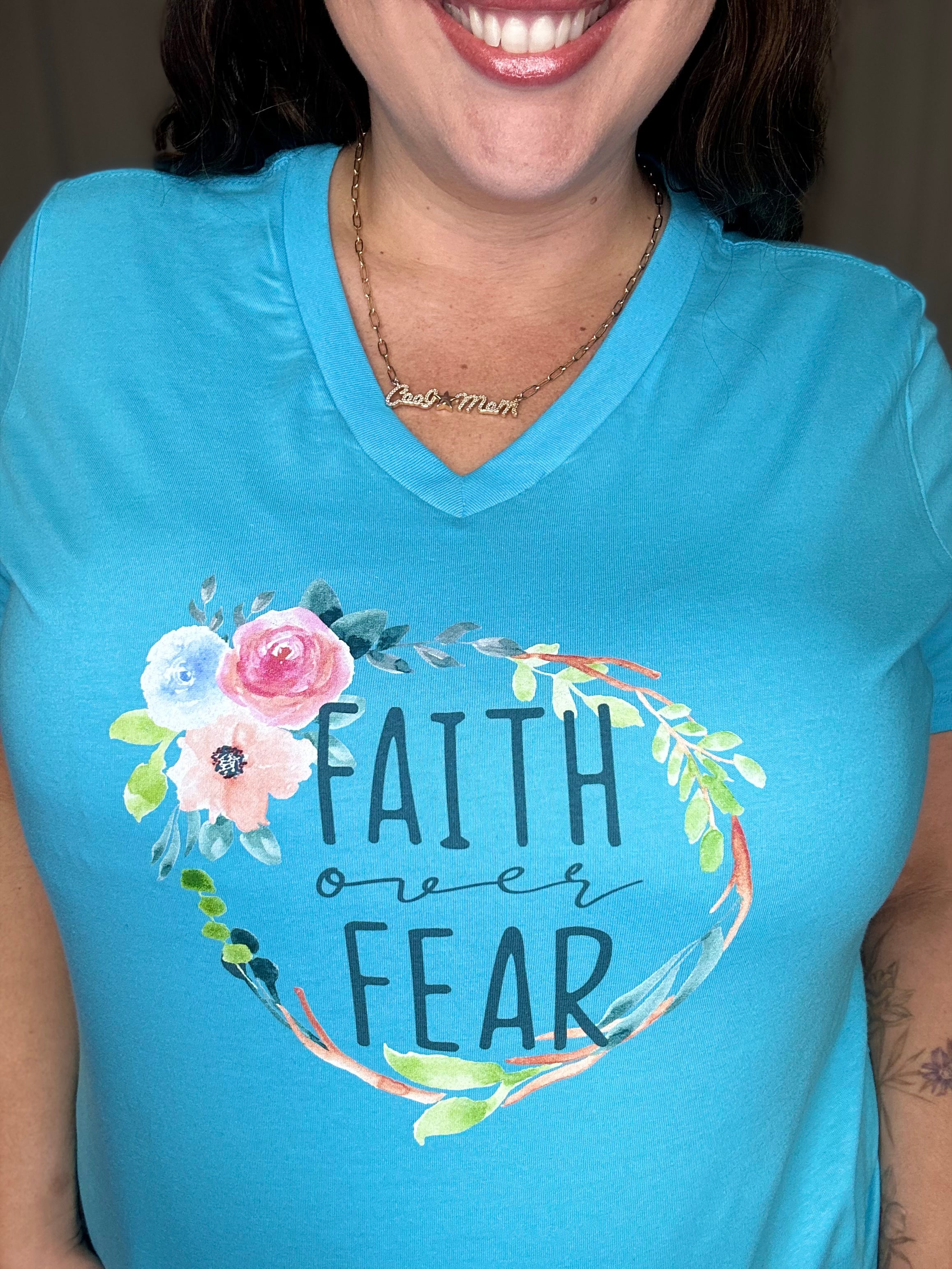 Faith Over Fear V-neck Graphic Tee-130 Graphic Tees-Heathered Boho-Heathered Boho Boutique, Women's Fashion and Accessories in Palmetto, FL