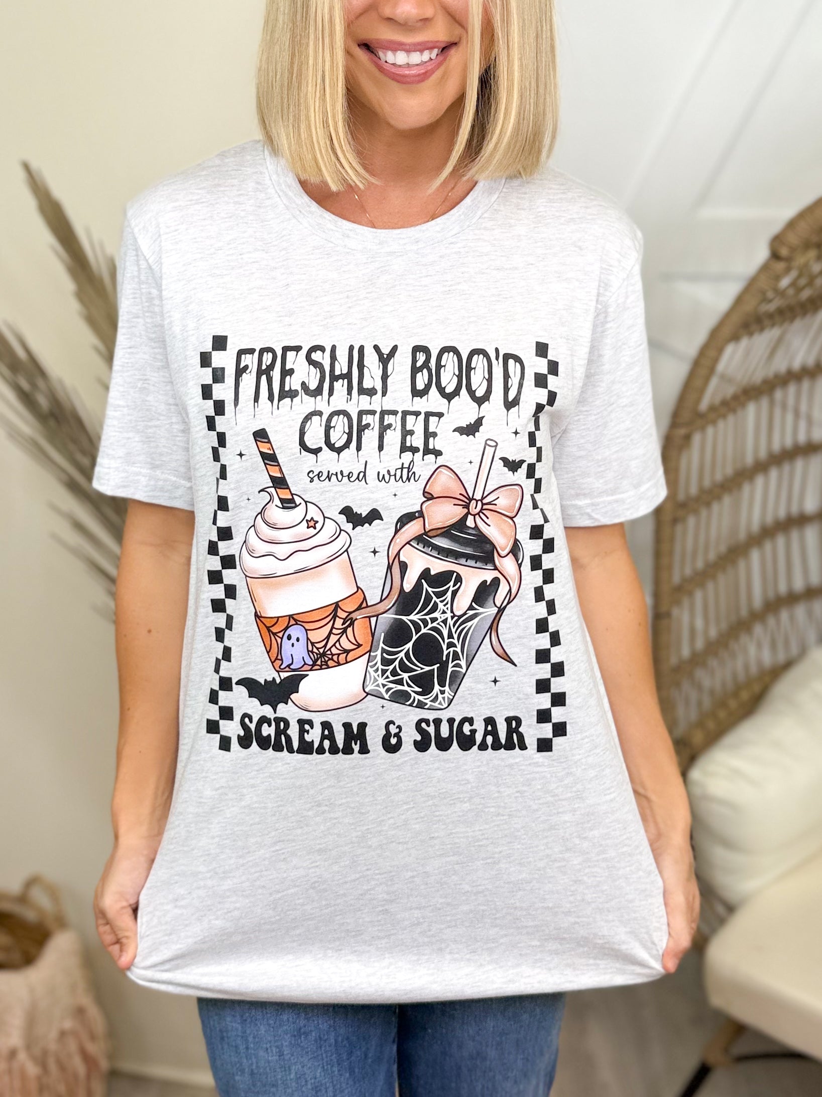 Freshly Boo'd Coffee Graphic Tee-130 Graphic Tees-Heathered Boho-Heathered Boho Boutique, Women's Fashion and Accessories in Palmetto, FL