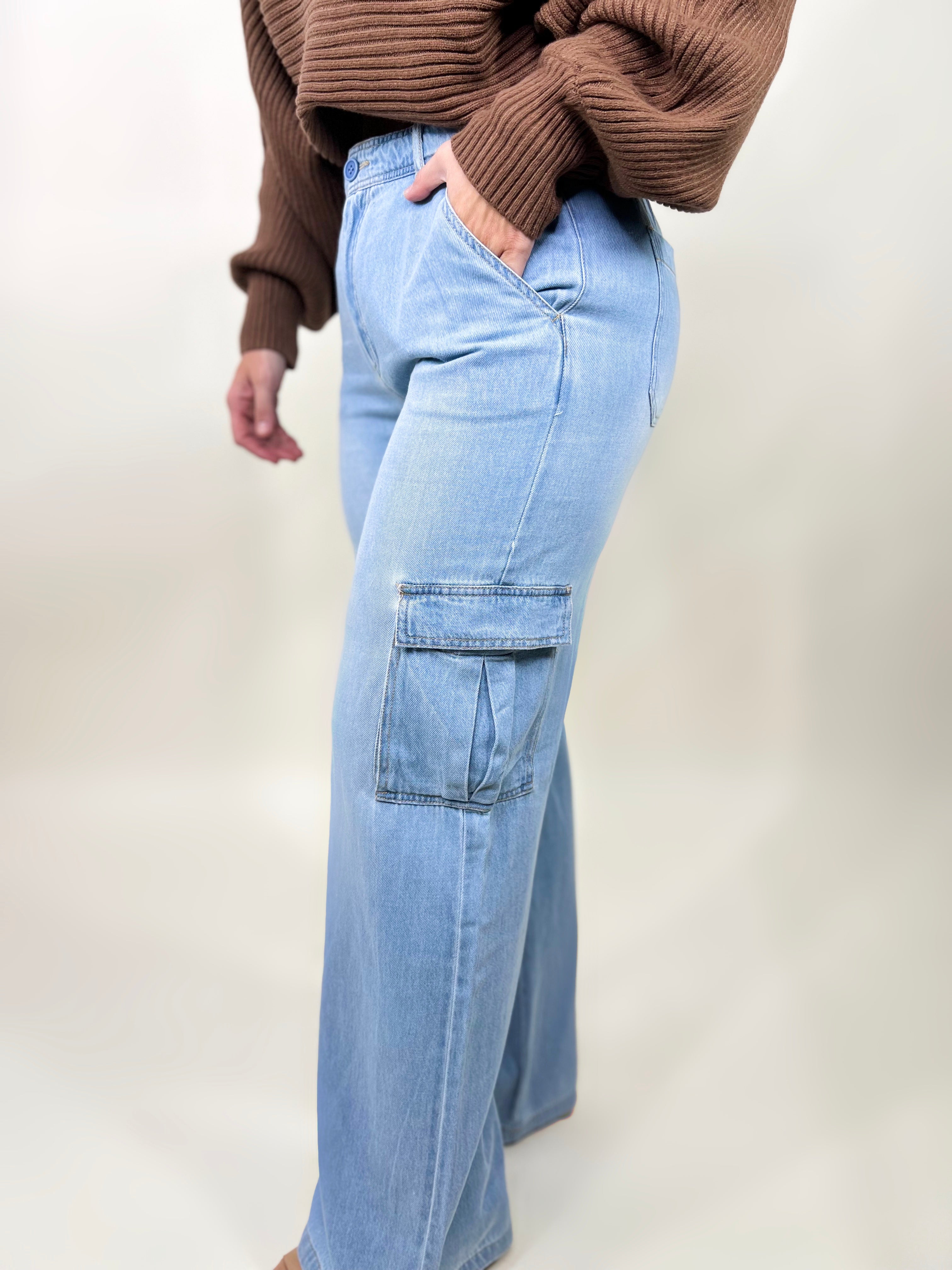 Easy Come Easy Go Cargo Jeans-150 PANTS-Risen Jeans-Heathered Boho Boutique, Women's Fashion and Accessories in Palmetto, FL