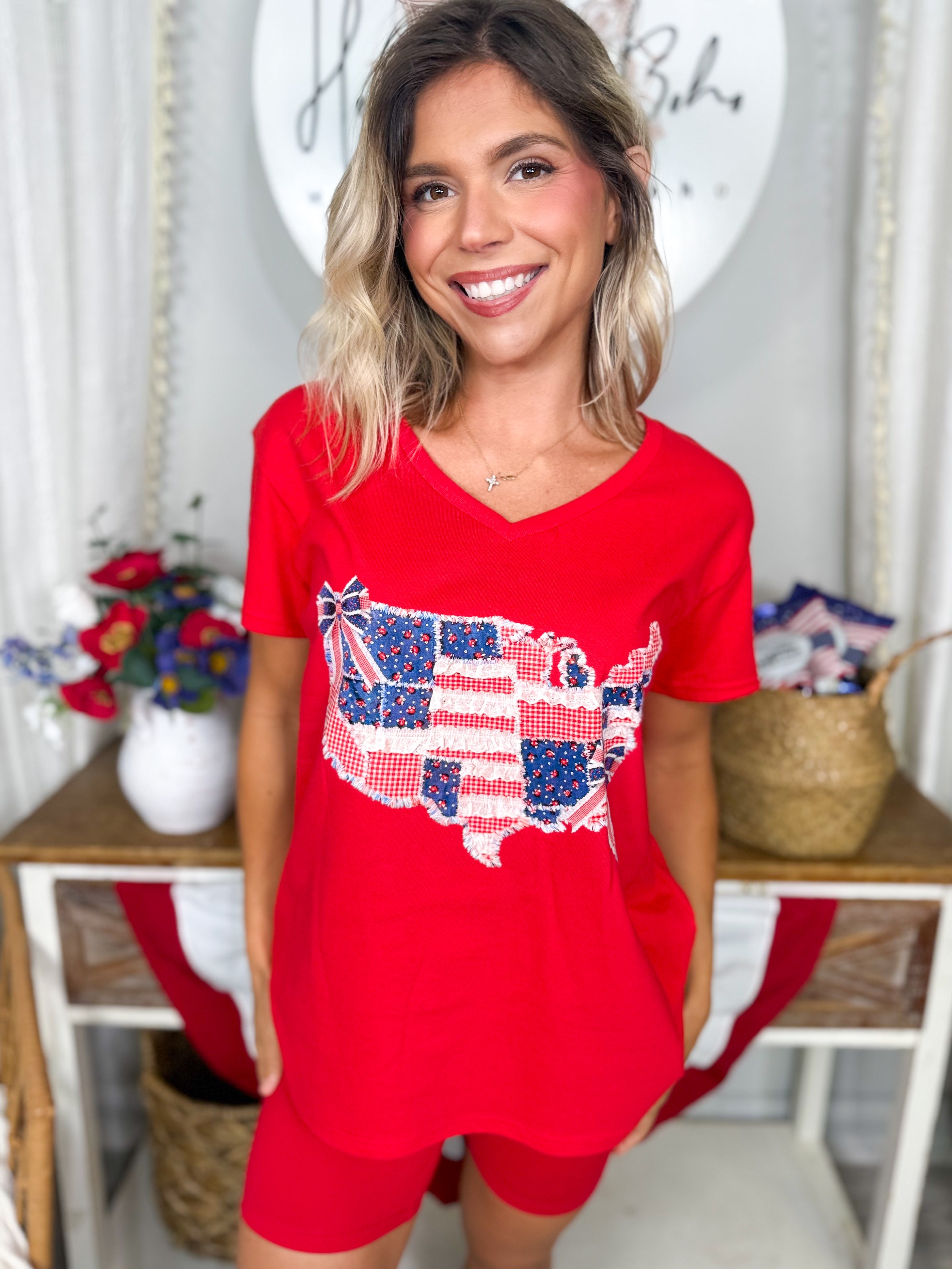 Faux Patchwork USA Map V-Neck Graphic Tee-130 Graphic Tees-Heathered Boho-Heathered Boho Boutique, Women's Fashion and Accessories in Palmetto, FL