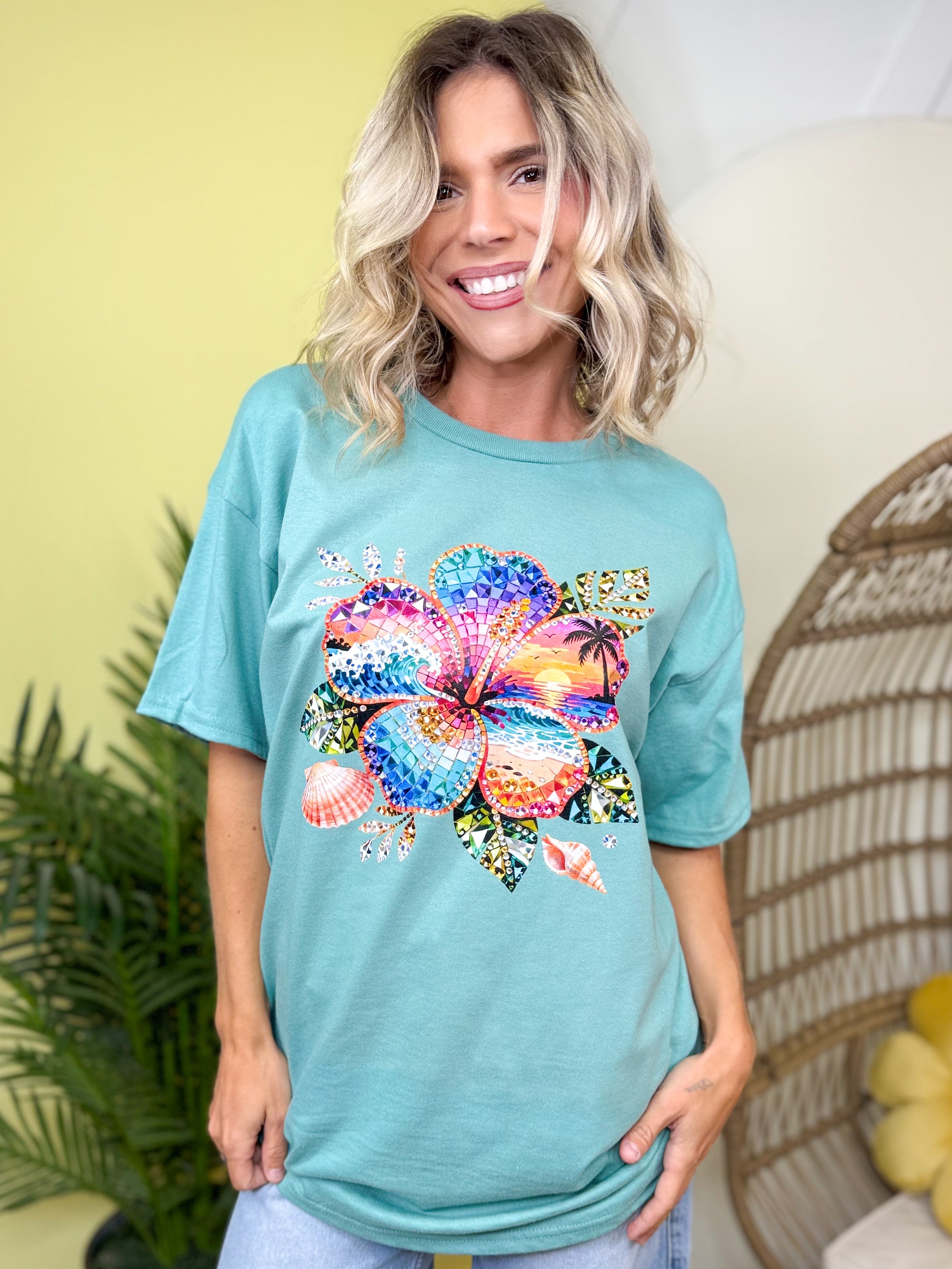 Tropical Hibiscus Sunset Graphic Tee-130 Graphic Tees-Heathered Boho-Heathered Boho Boutique, Women's Fashion and Accessories in Palmetto, FL