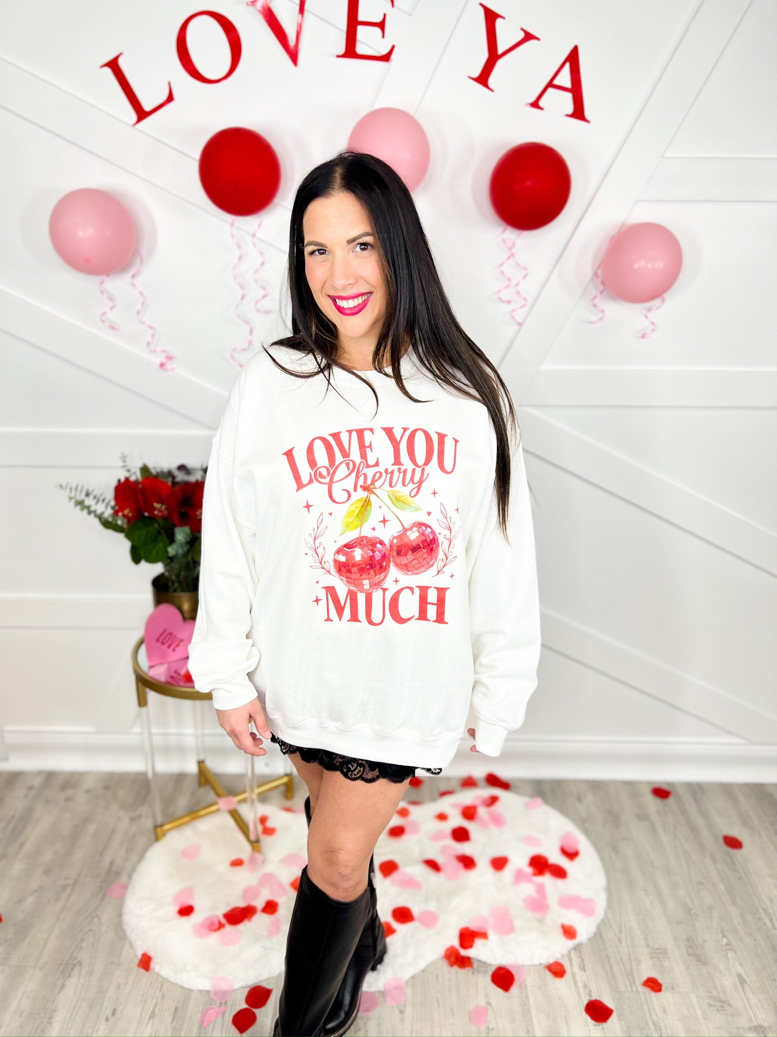 Love you Cherry Much Graphic Sweatshirt-125 Sweater-Heathered Boho-Heathered Boho Boutique, Women's Fashion and Accessories in Palmetto, FL