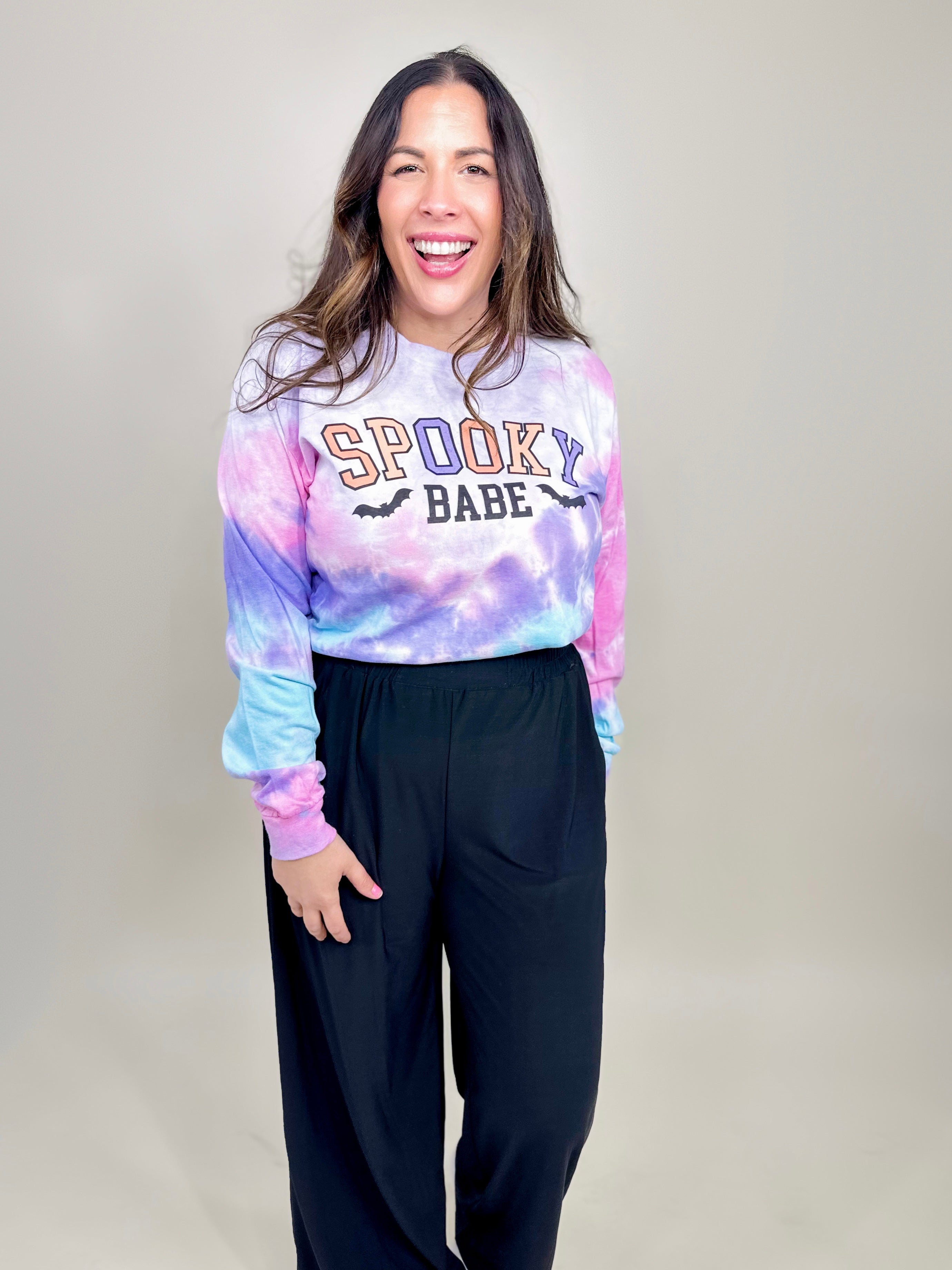 Tie Dye Spooky Babe Graphic Long Sleeve-120 Long Sleeve Tops-Heathered Boho-Heathered Boho Boutique, Women's Fashion and Accessories in Palmetto, FL