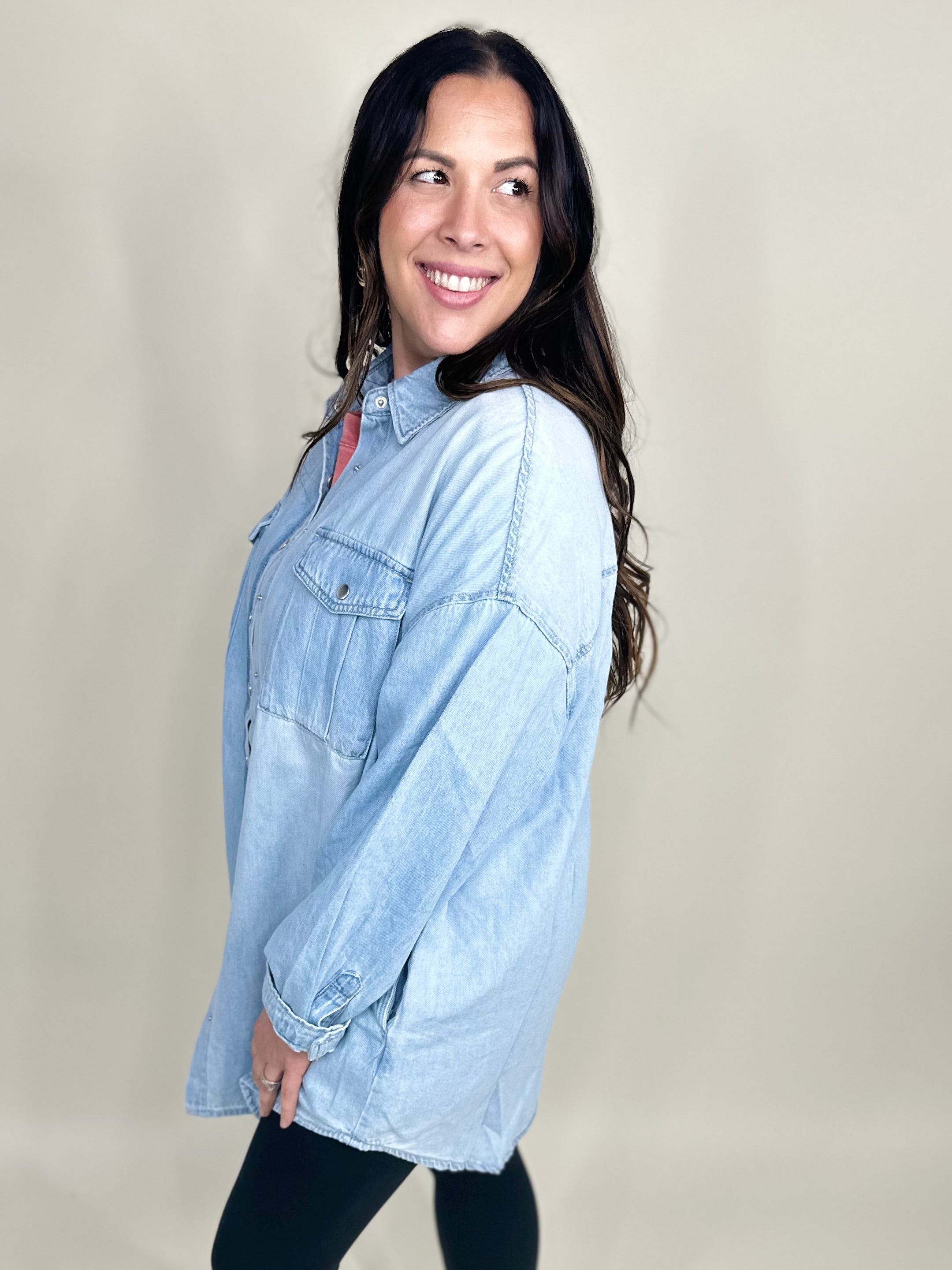 Parent Trap Denim Shirt Dress-120 Long Sleeve Tops-Risen Jeans-Heathered Boho Boutique, Women's Fashion and Accessories in Palmetto, FL