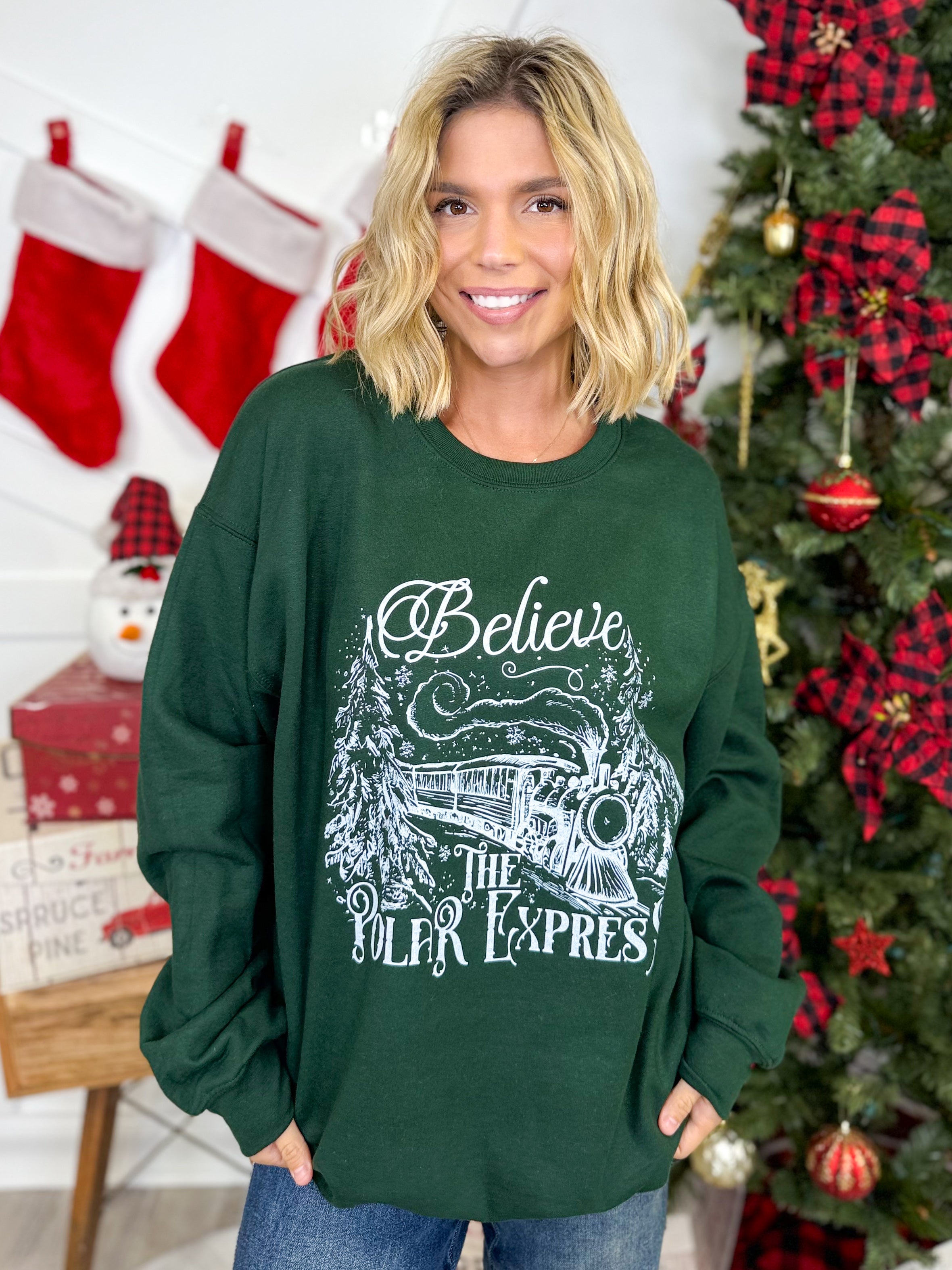 Believe the Polar Express Graphic Sweatshirt-130 Graphic Tees-Heathered Boho-Heathered Boho Boutique, Women's Fashion and Accessories in Palmetto, FL
