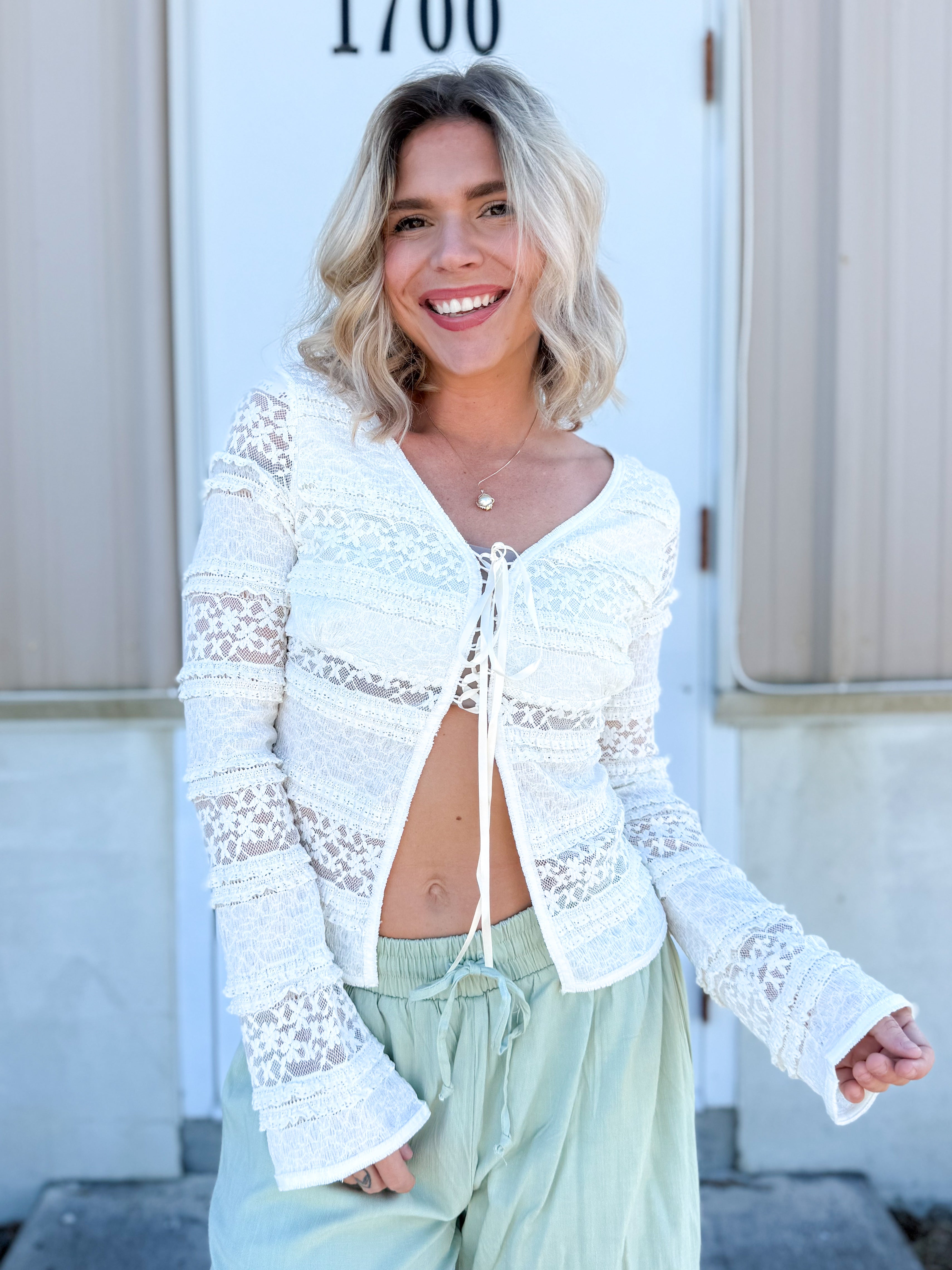 Lace Look Cardigan-220 CARDIGANS KIMONOS-WHITE BIRCH-Heathered Boho Boutique, Women's Fashion and Accessories in Palmetto, FL