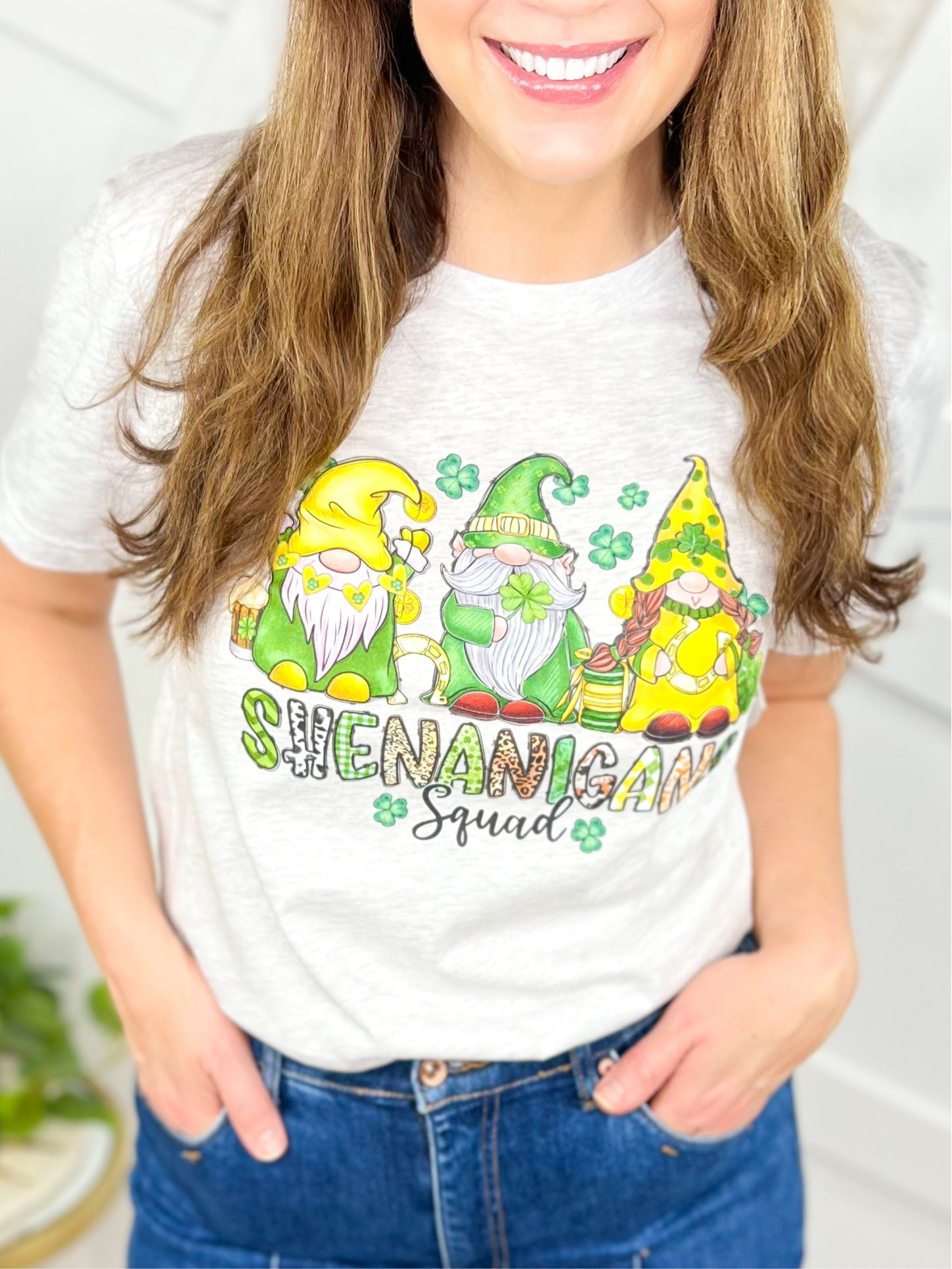 Shenanigans Squad Gnomes Graphic Tee-130 Graphic Tees-Heathered Boho-Heathered Boho Boutique, Women's Fashion and Accessories in Palmetto, FL