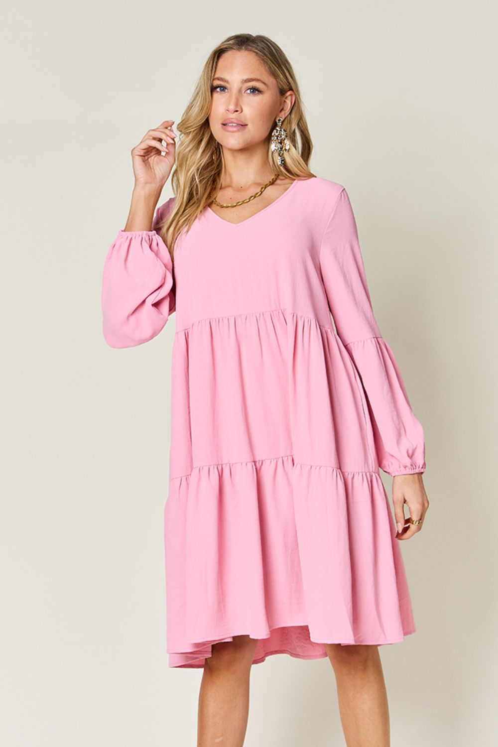 Double Take Full Size V-Neck Balloon Sleeve Tiered Dress-Dresses-Trendsi-Heathered Boho Boutique, Women's Fashion and Accessories in Palmetto, FL