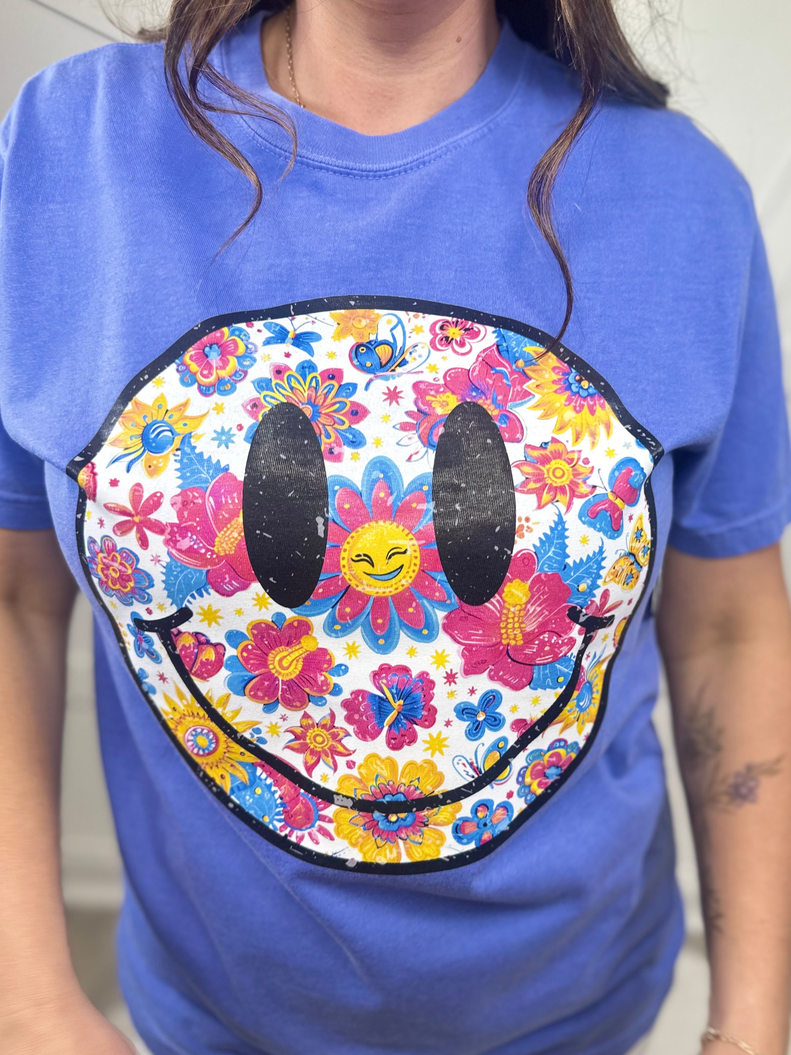 Summery Smiley Graphic Tee - Flo Blue-130 Graphic Tees-Heathered Boho-Heathered Boho Boutique, Women's Fashion and Accessories in Palmetto, FL