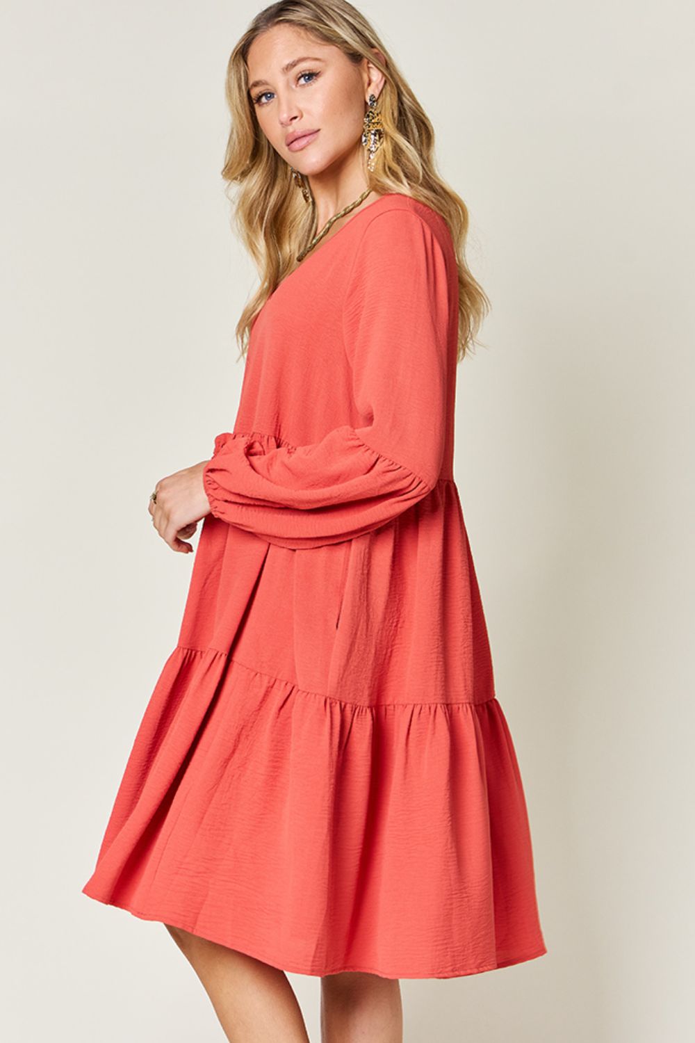 Double Take Full Size V-Neck Balloon Sleeve Tiered Dress-Dresses-Trendsi-Heathered Boho Boutique, Women's Fashion and Accessories in Palmetto, FL