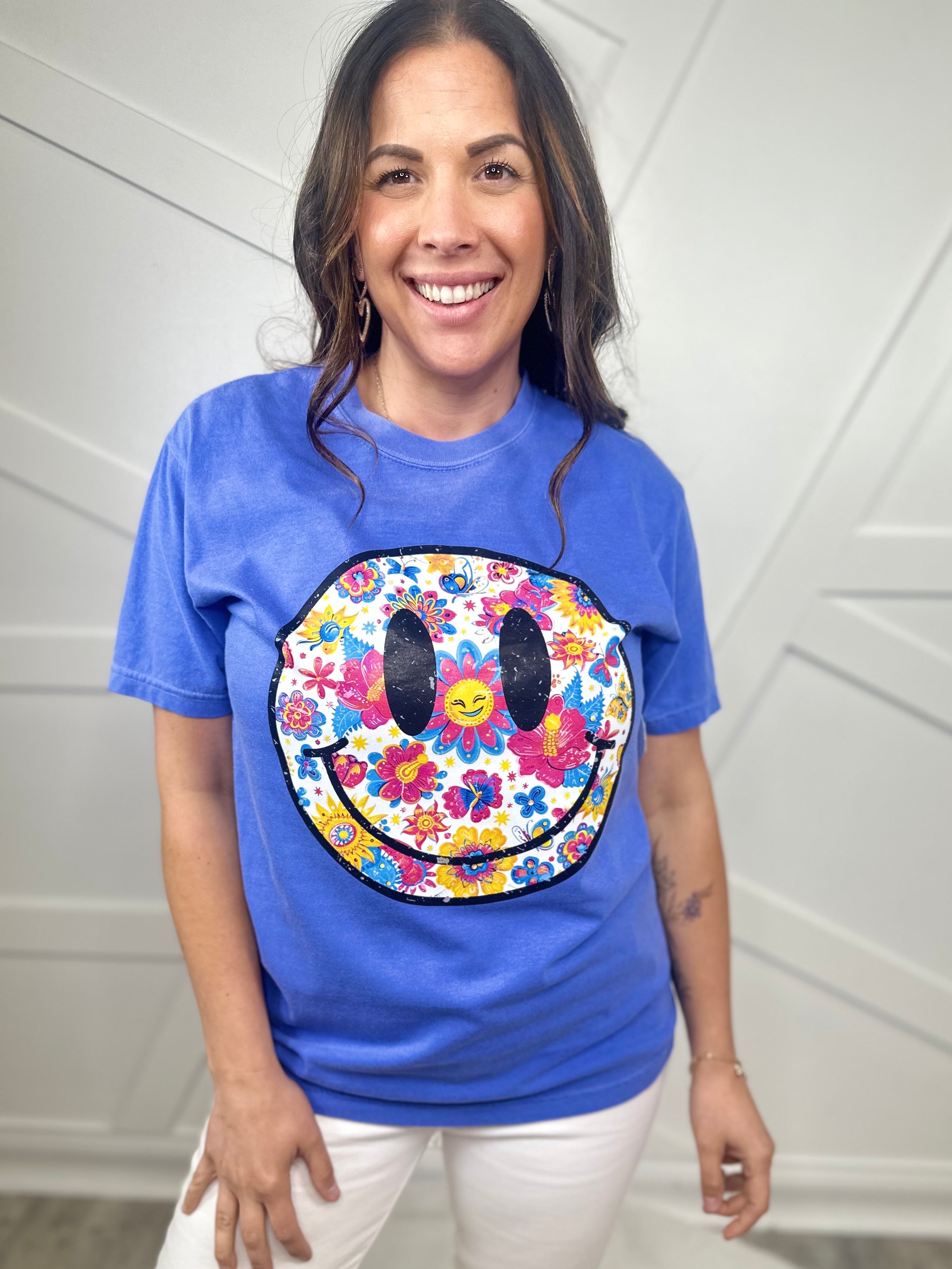 Summery Smiley Graphic Tee - Flo Blue-130 Graphic Tees-Heathered Boho-Heathered Boho Boutique, Women's Fashion and Accessories in Palmetto, FL