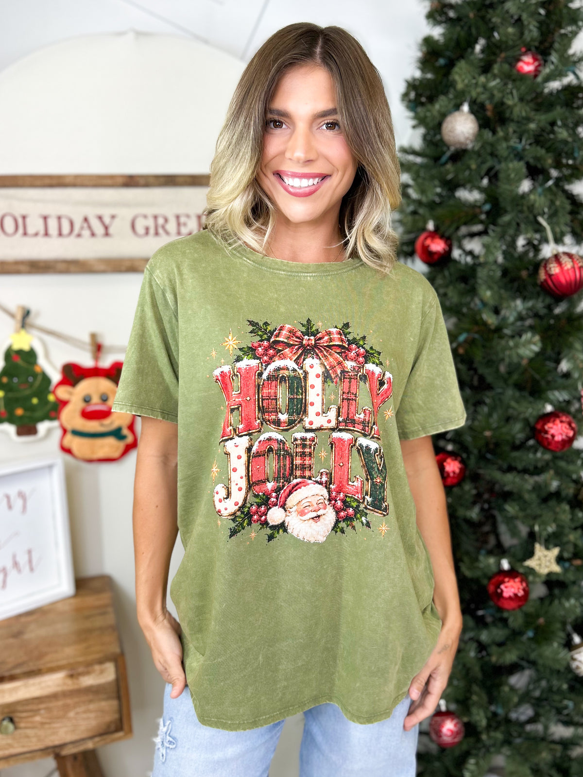 Holly Jolly Christmas Graphic Tee-130 Graphic Tees-Heathered Boho-Heathered Boho Boutique, Women's Fashion and Accessories in Palmetto, FL