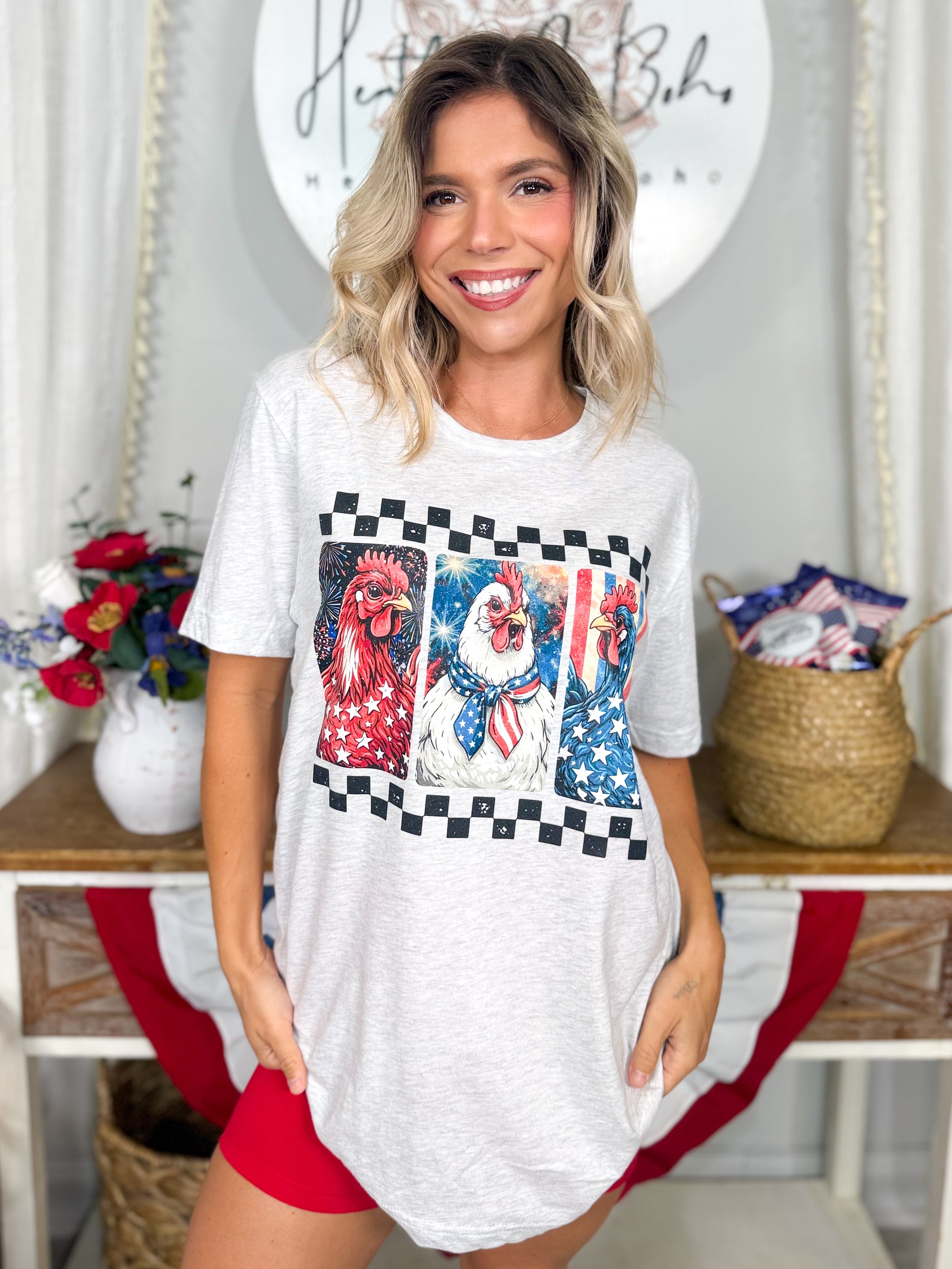 Patriotic Chicken Graphic Tee-130 Graphic Tees-Heathered Boho-Heathered Boho Boutique, Women's Fashion and Accessories in Palmetto, FL