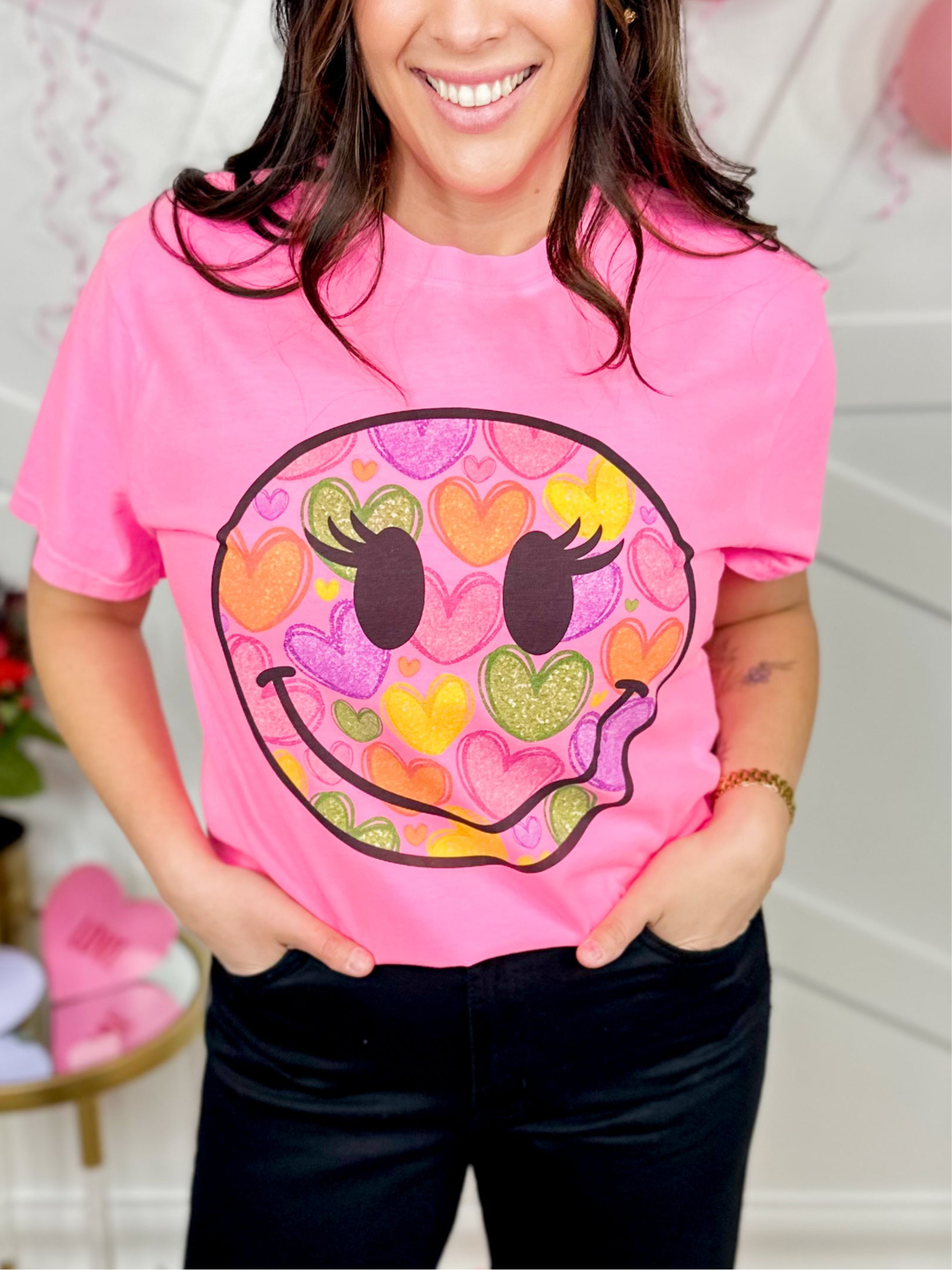 Smiley Heart Face Graphic Tee-130 Graphic Tees-Heathered Boho-Heathered Boho Boutique, Women's Fashion and Accessories in Palmetto, FL