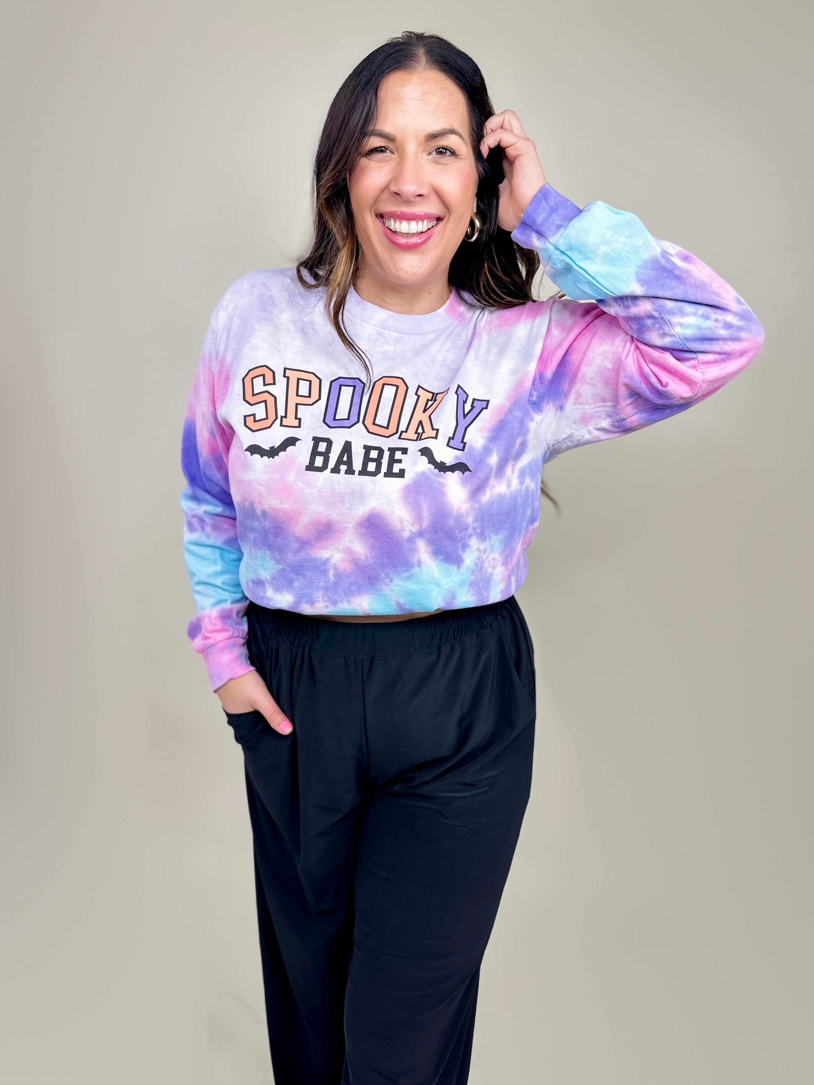 Tie Dye Spooky Babe Graphic Long Sleeve-120 Long Sleeve Tops-Heathered Boho-Heathered Boho Boutique, Women's Fashion and Accessories in Palmetto, FL