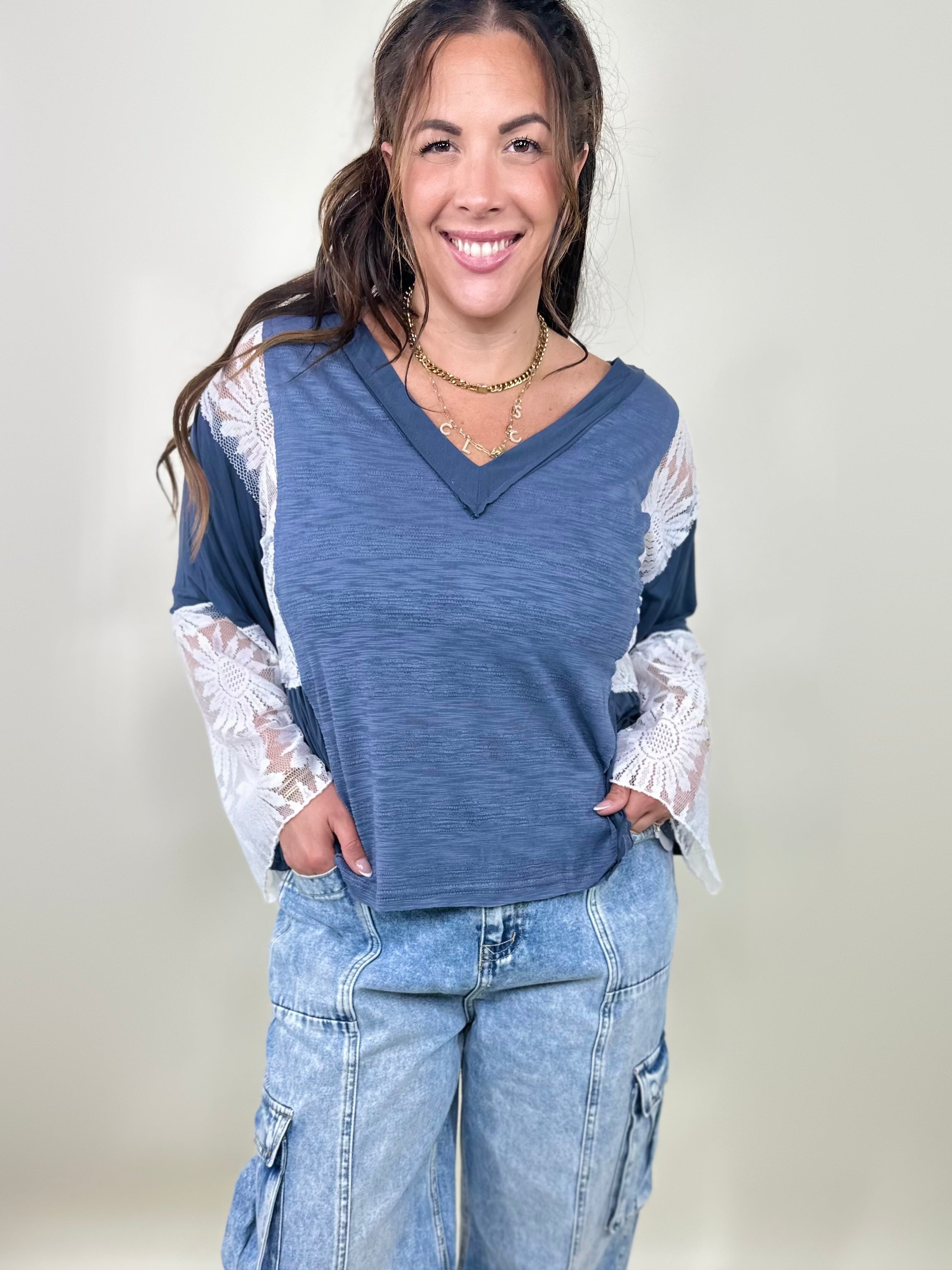 Lace Charm Top-120 Long Sleeve Tops-Pol-Heathered Boho Boutique, Women's Fashion and Accessories in Palmetto, FL