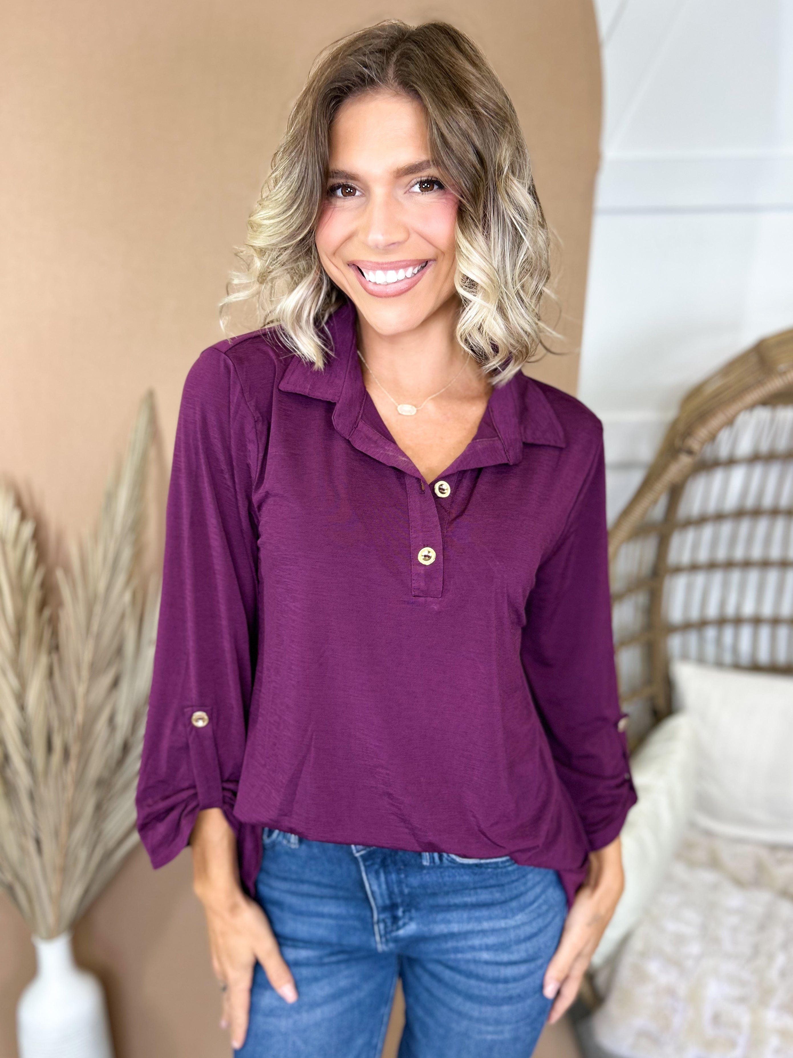 The Easy Does It Collared Top-120 LONG SLEEVE TOPS-DEAR SCARLETT-Heathered Boho Boutique, Women's Fashion and Accessories in Palmetto, FL