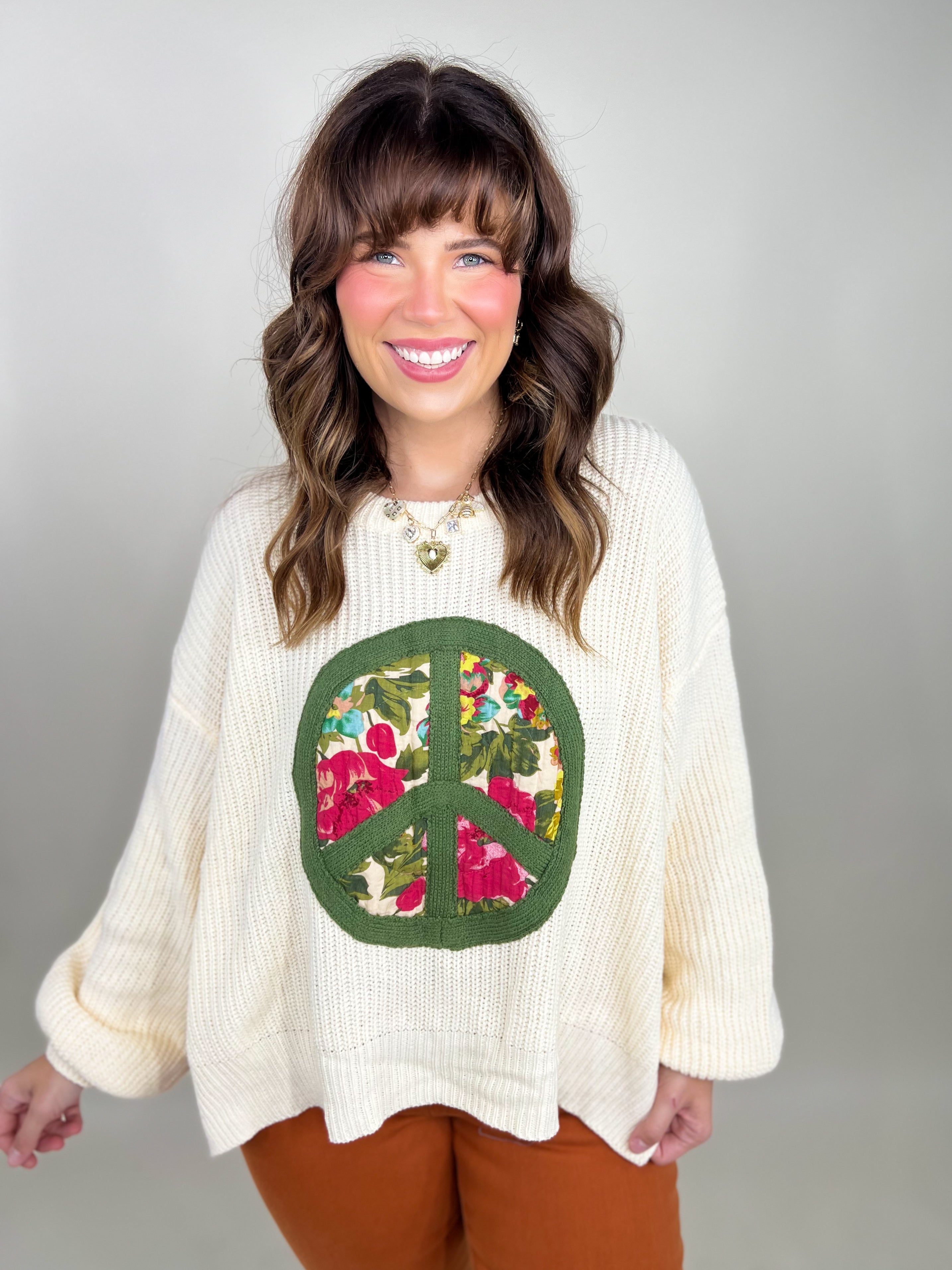 RESTOCK : Peace and Floral Sweater-125 Sweater-Pol-Heathered Boho Boutique, Women's Fashion and Accessories in Palmetto, FL