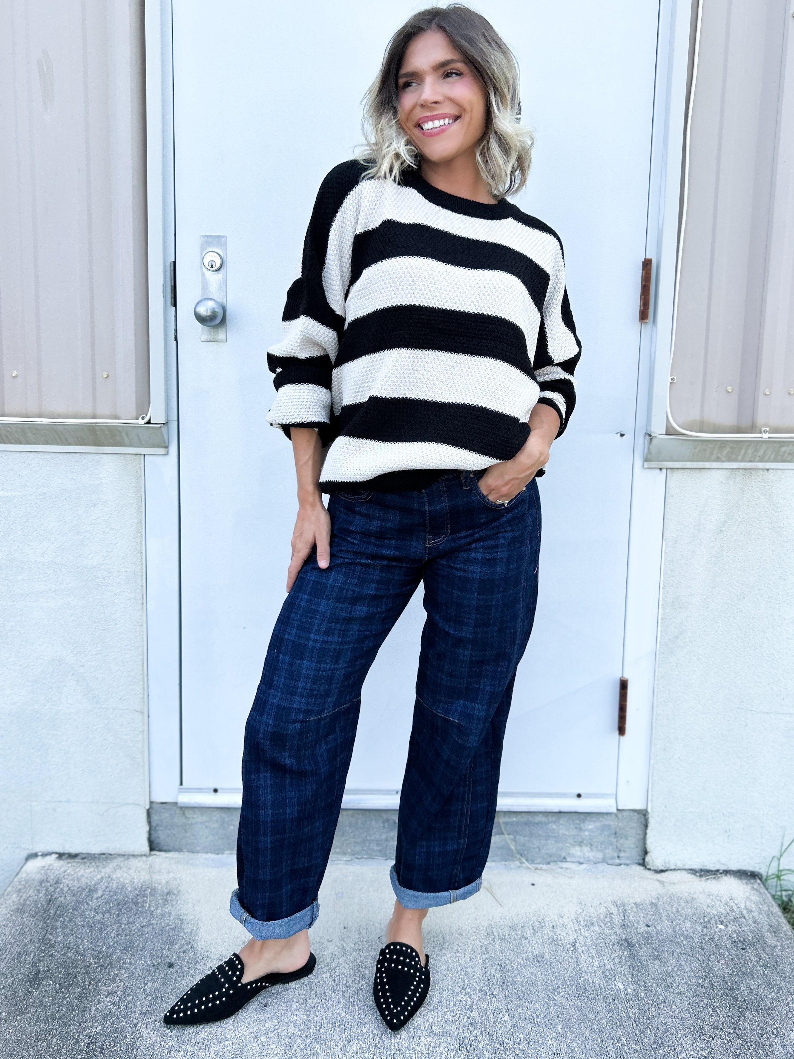 Midnight Plaid Cropped Barrel Jeans By Risen-190 JEANS-RISEN-Heathered Boho Boutique, Women's Fashion and Accessories in Palmetto, FL