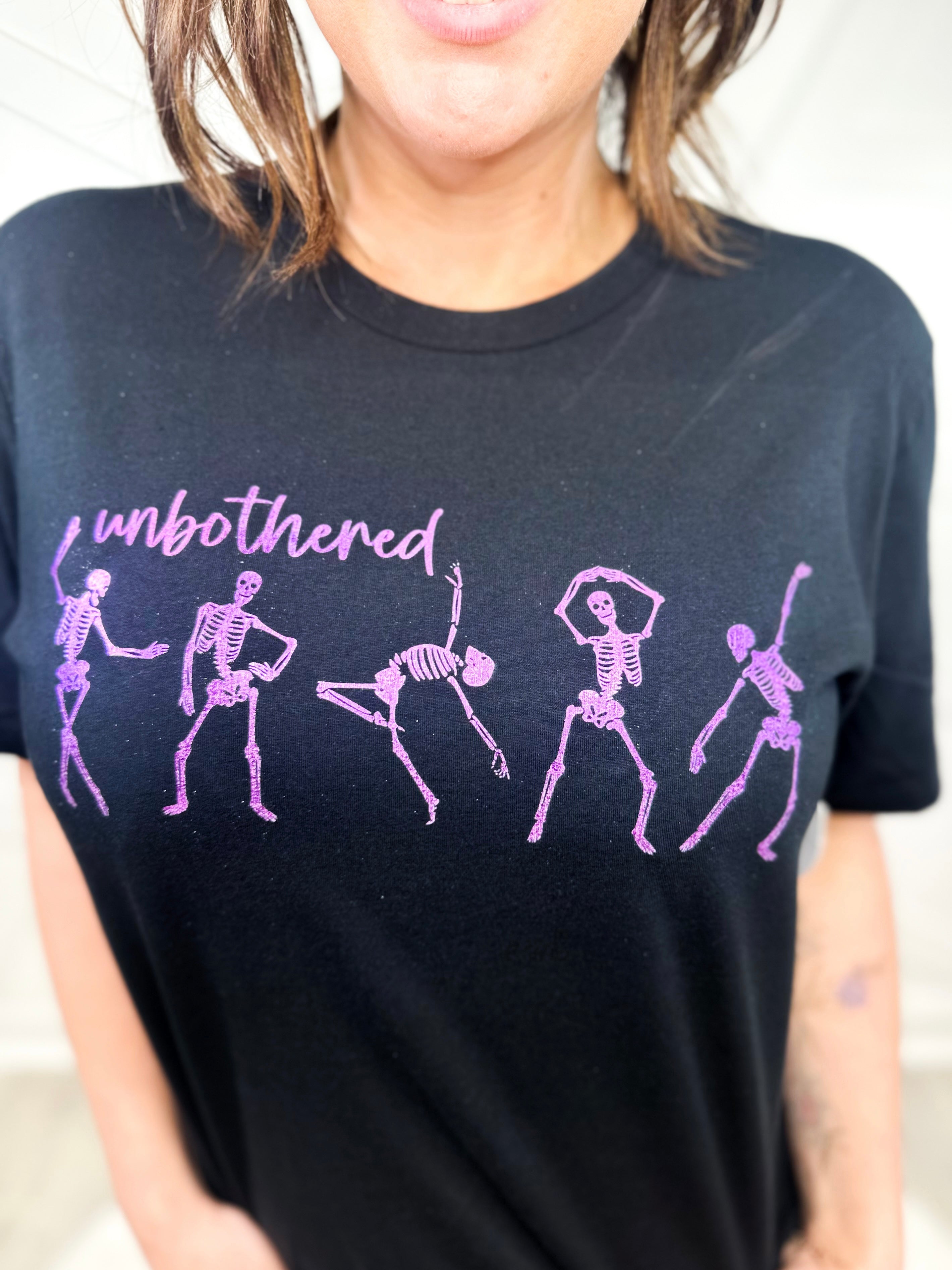 Foil Unbothered Skully Graphic Tee-130 Graphic Tees-Heathered Boho-Heathered Boho Boutique, Women's Fashion and Accessories in Palmetto, FL