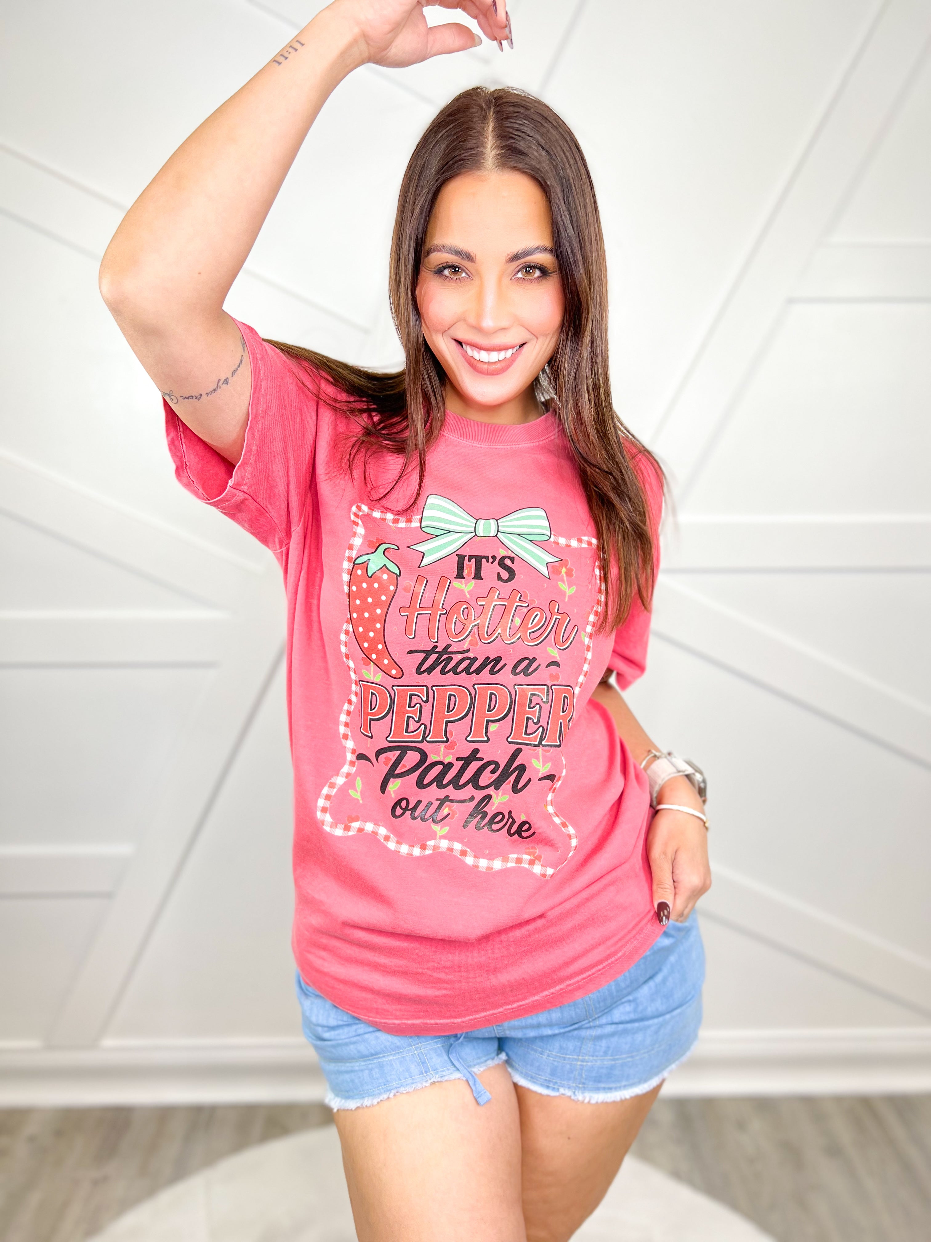 Hotter Than a Pepper Patch Graphic Tee-130 Graphic Tees-Heathered Boho-Heathered Boho Boutique, Women's Fashion and Accessories in Palmetto, FL