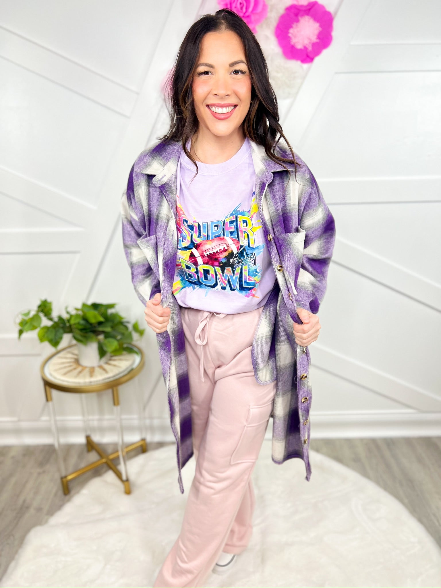 Super Bowl Graphic Long Sleeve - Orchid-130 Graphic Tees-Heathered Boho-Heathered Boho Boutique, Women's Fashion and Accessories in Palmetto, FL