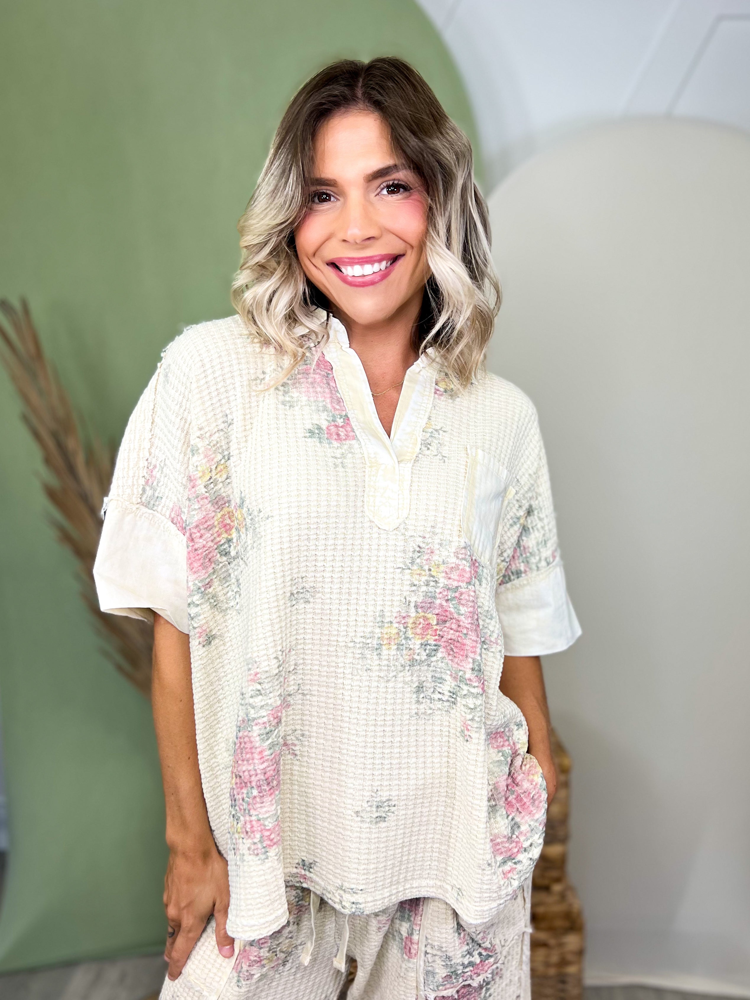 The Wildflower Waffle Top-110 SHORT SLEEVE TOP-EASEL-Heathered Boho Boutique, Women's Fashion and Accessories in Palmetto, FL