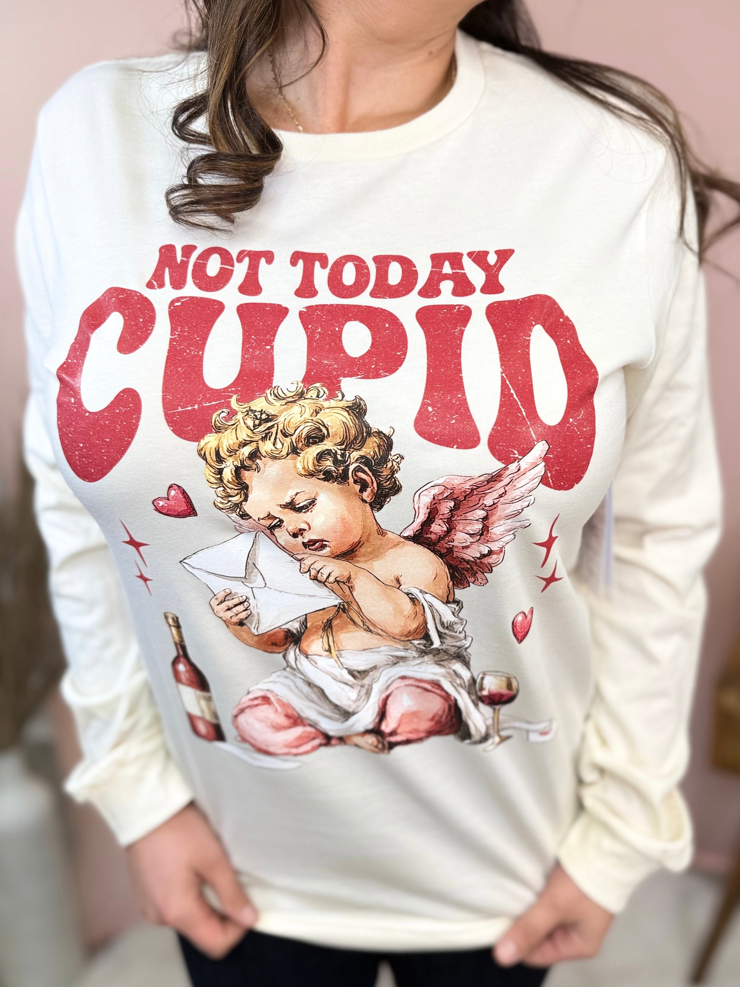Not Today Cupid Graphic Long Sleeve-130 Graphic Tees-Heathered Boho-Heathered Boho Boutique, Women's Fashion and Accessories in Palmetto, FL