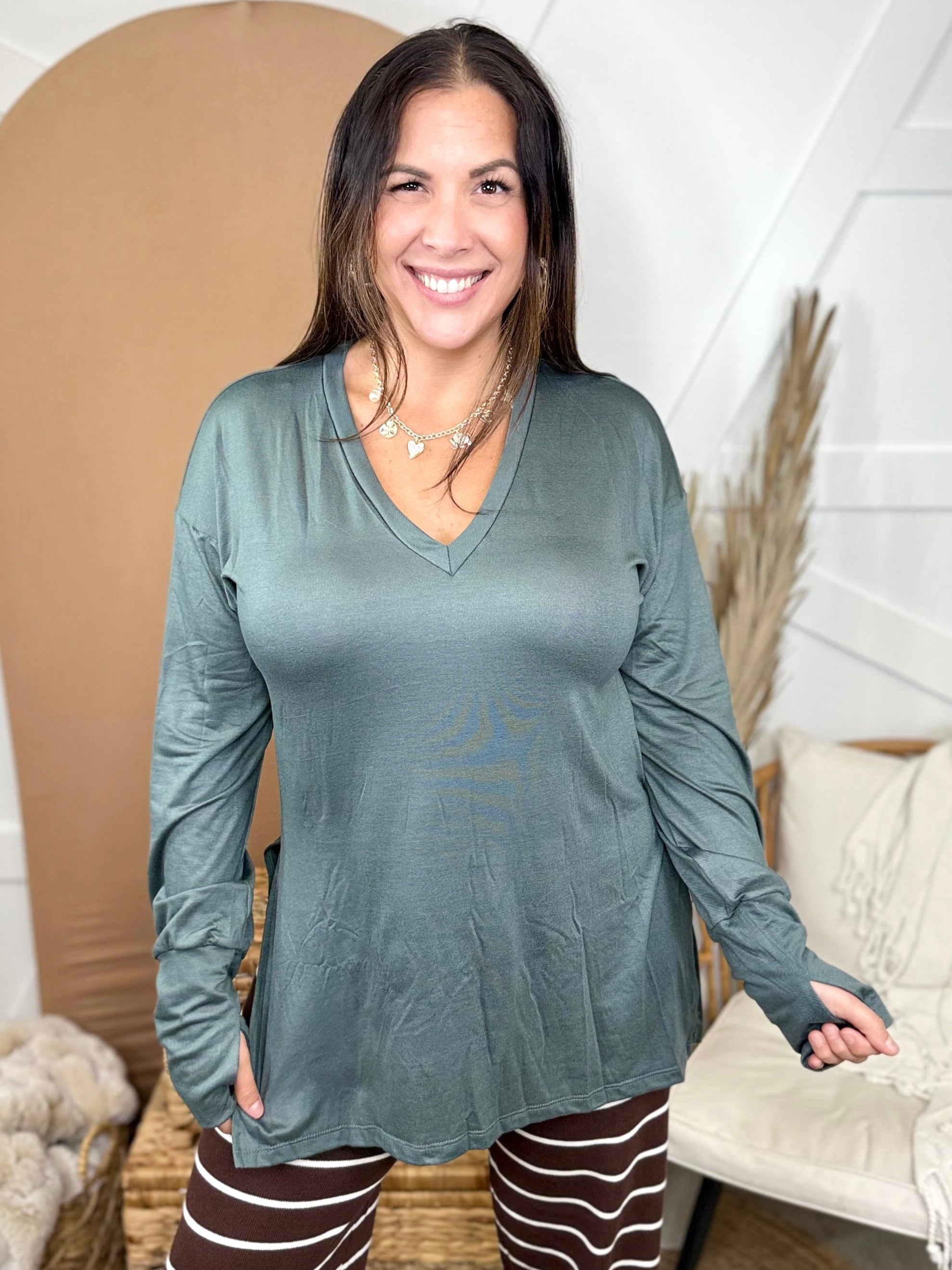 The New Bestie V-Neck Long Sleeve Top-Jade-120 Long Sleeve Tops-Heathered Boho-Heathered Boho Boutique, Women's Fashion and Accessories in Palmetto, FL