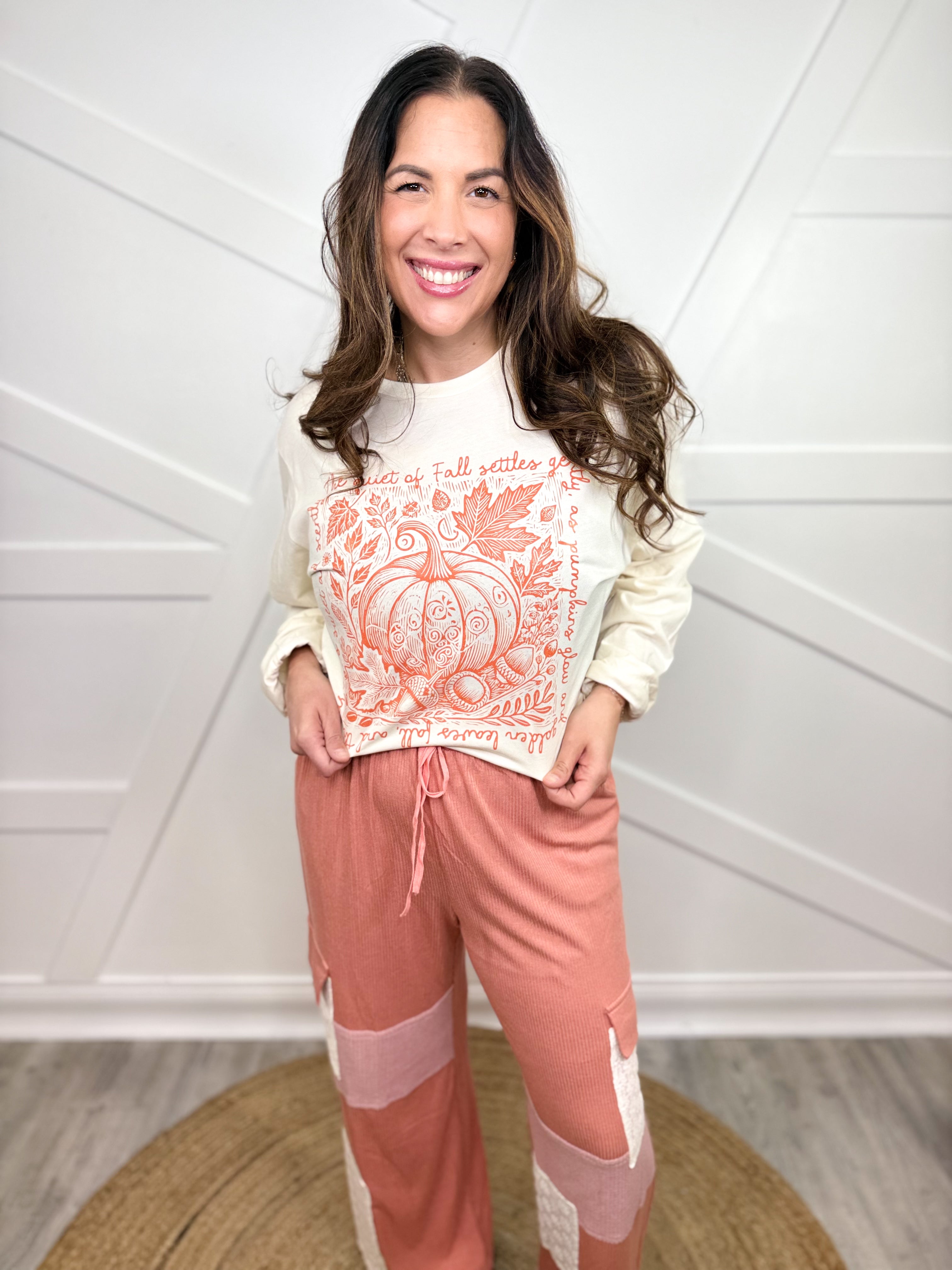 Pumpkin Sketch (Orange Text) Graphic Long Sleeve-120 Long Sleeve Tops-Heathered Boho-Heathered Boho Boutique, Women's Fashion and Accessories in Palmetto, FL
