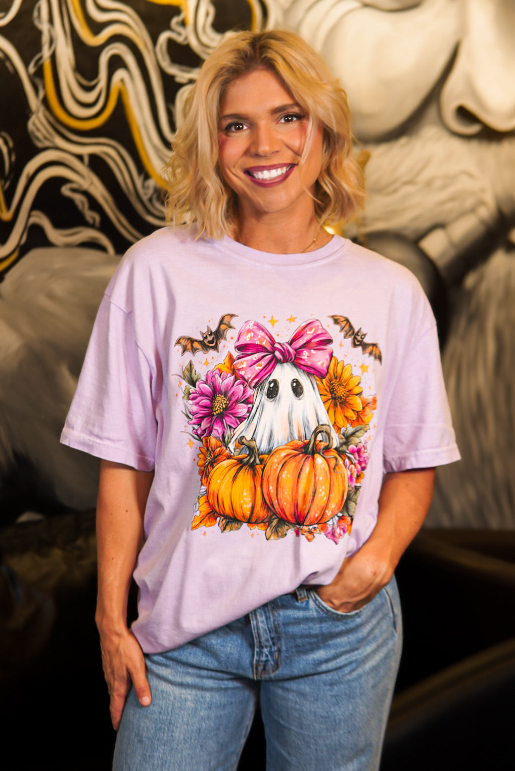 Girly Ghost With Bats Graphic Tee-130 Graphic Tees-Heathered Boho-Heathered Boho Boutique, Women's Fashion and Accessories in Palmetto, FL
