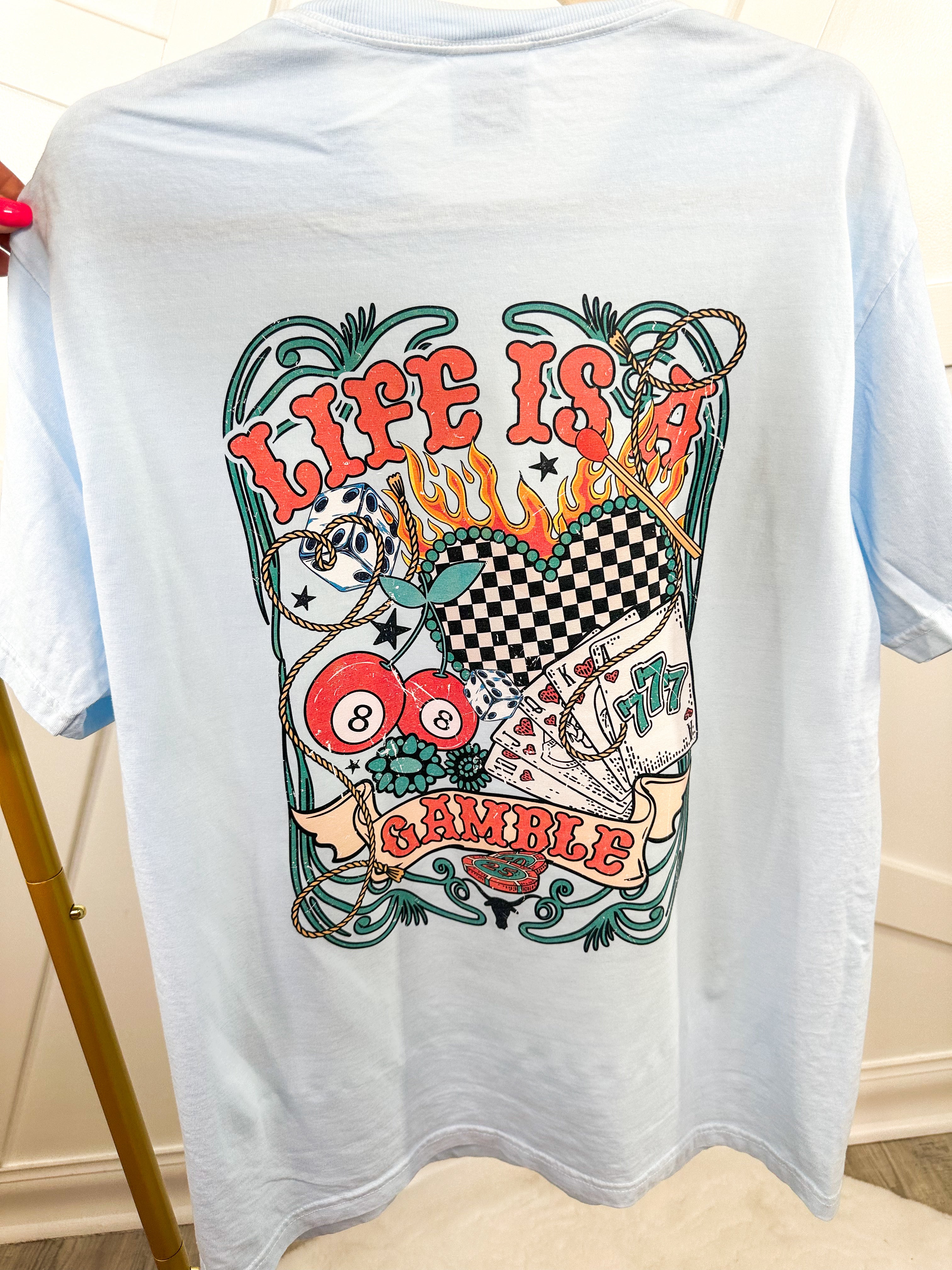 Life Is A Gamble Graphic Tee - Chambray-130 Graphic Tees-Heathered Boho-Heathered Boho Boutique, Women's Fashion and Accessories in Palmetto, FL