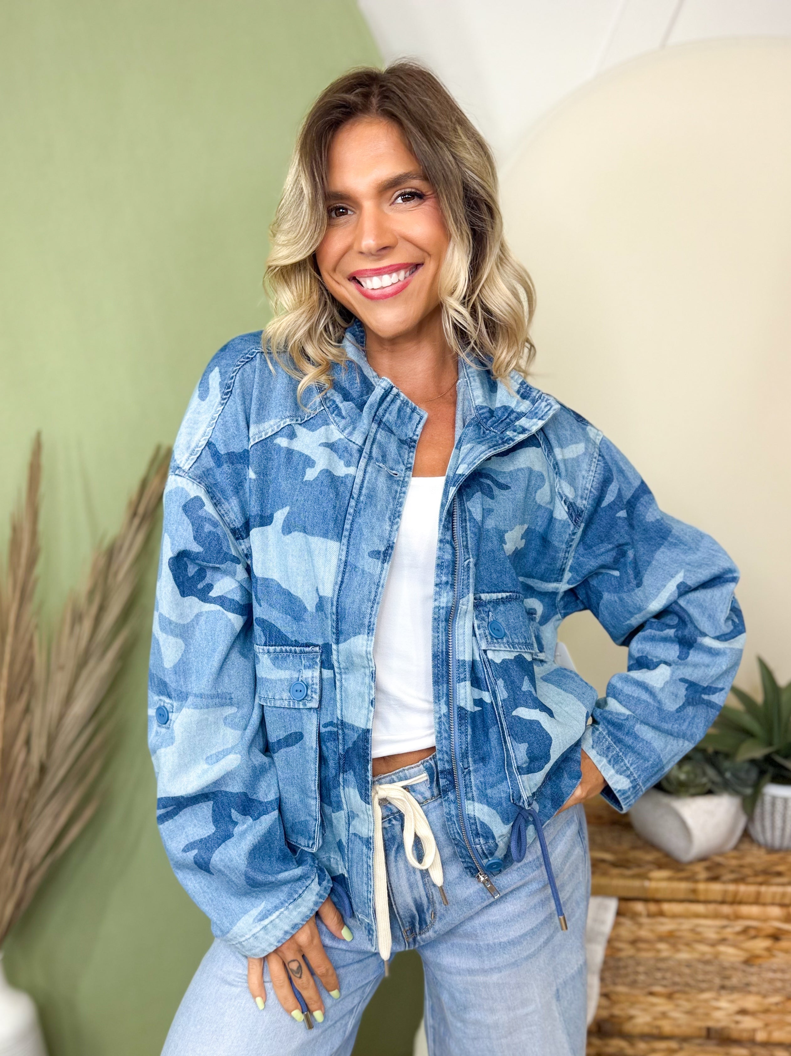 The Ocean Camo Utility Jacket-200 JACKETS/SHACKETS-RISEN-Heathered Boho Boutique, Women's Fashion and Accessories in Palmetto, FL
