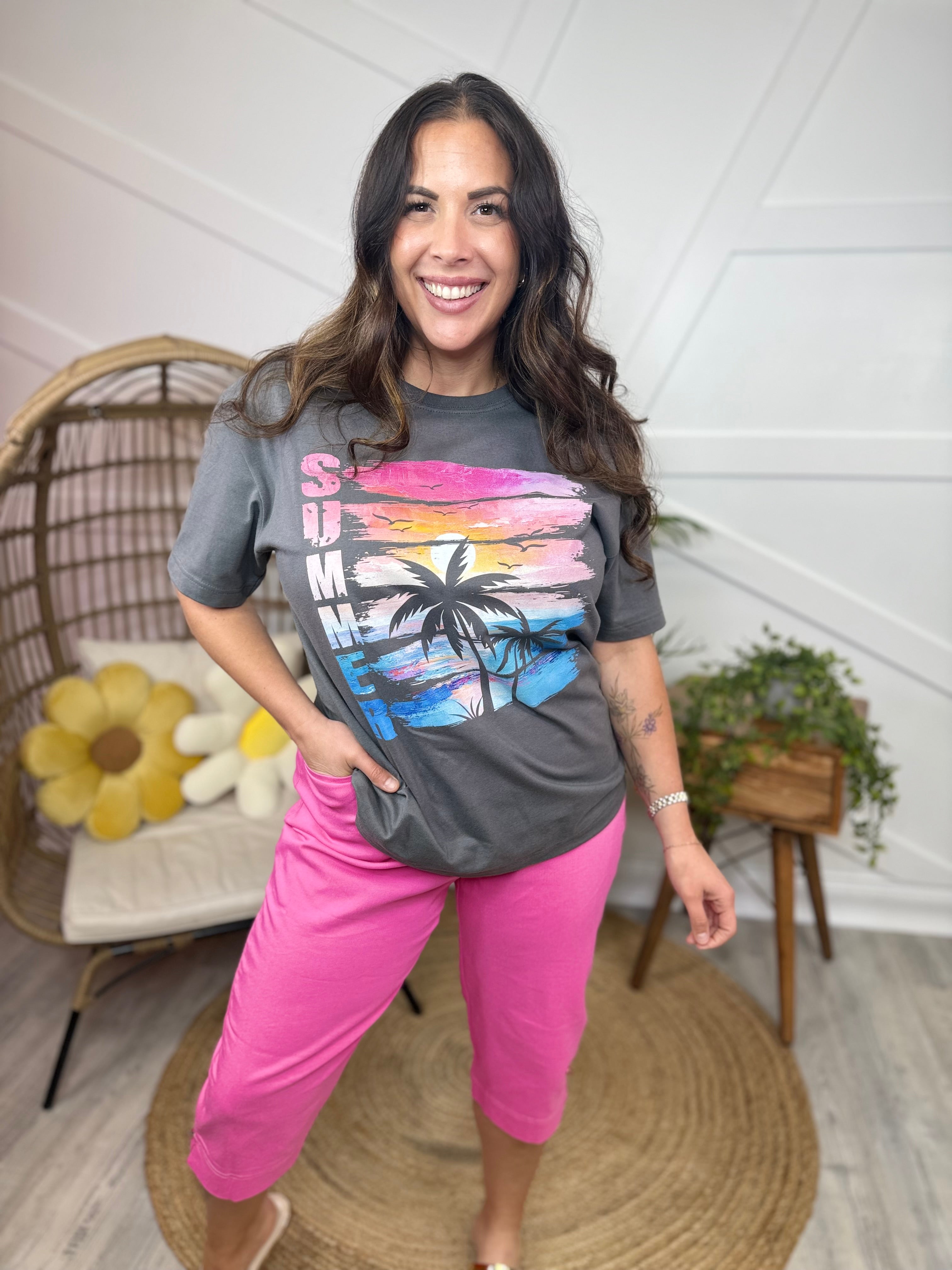 Retro Summer Sunset Palm Graphic Tee-Asphalt-130 Graphic Tees-Heathered Boho-Heathered Boho Boutique, Women's Fashion and Accessories in Palmetto, FL