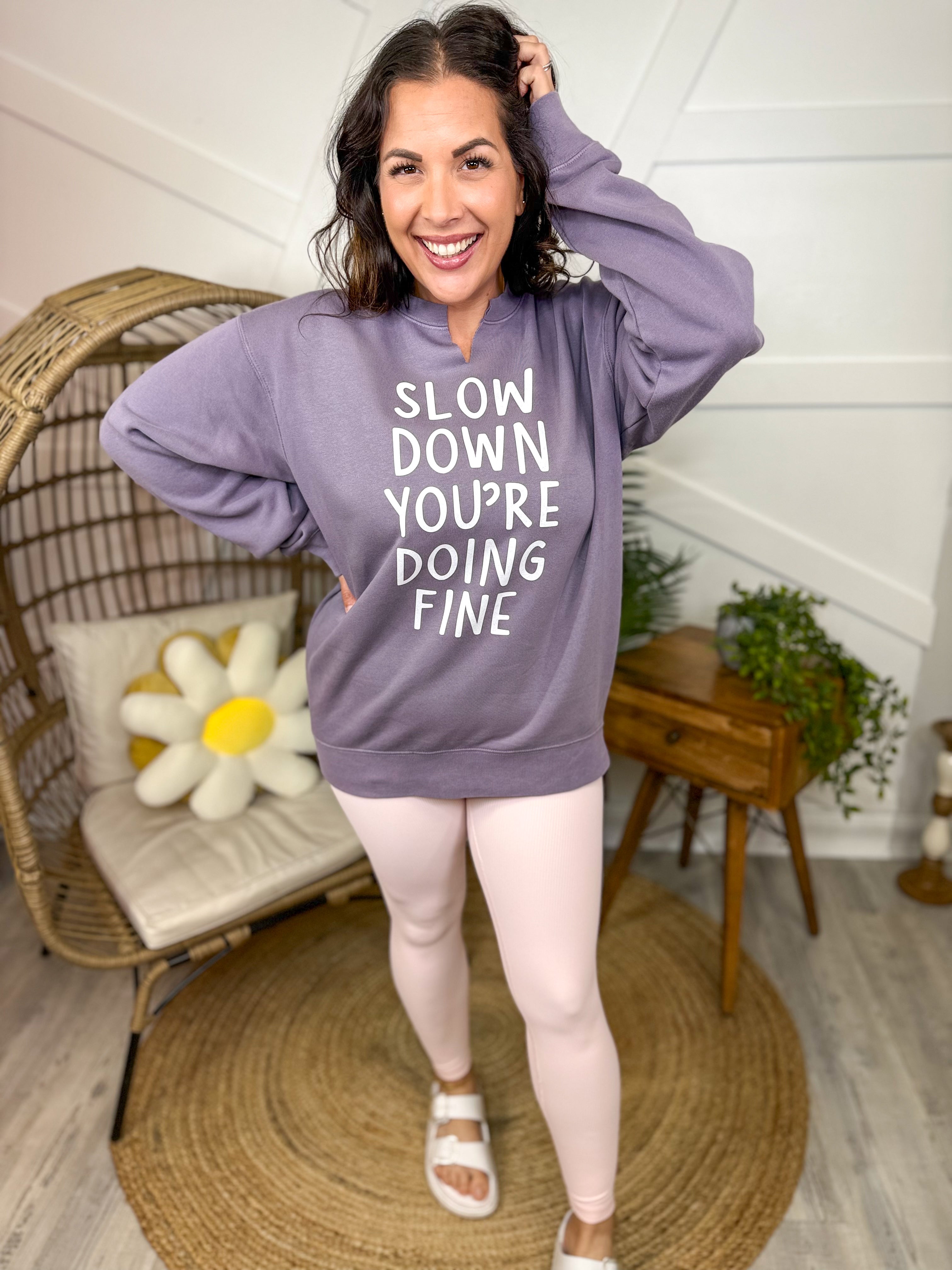 Slow Down Graphic Sweatshirt-130 Graphic Tees-Heathered Boho-Heathered Boho Boutique, Women's Fashion and Accessories in Palmetto, FL
