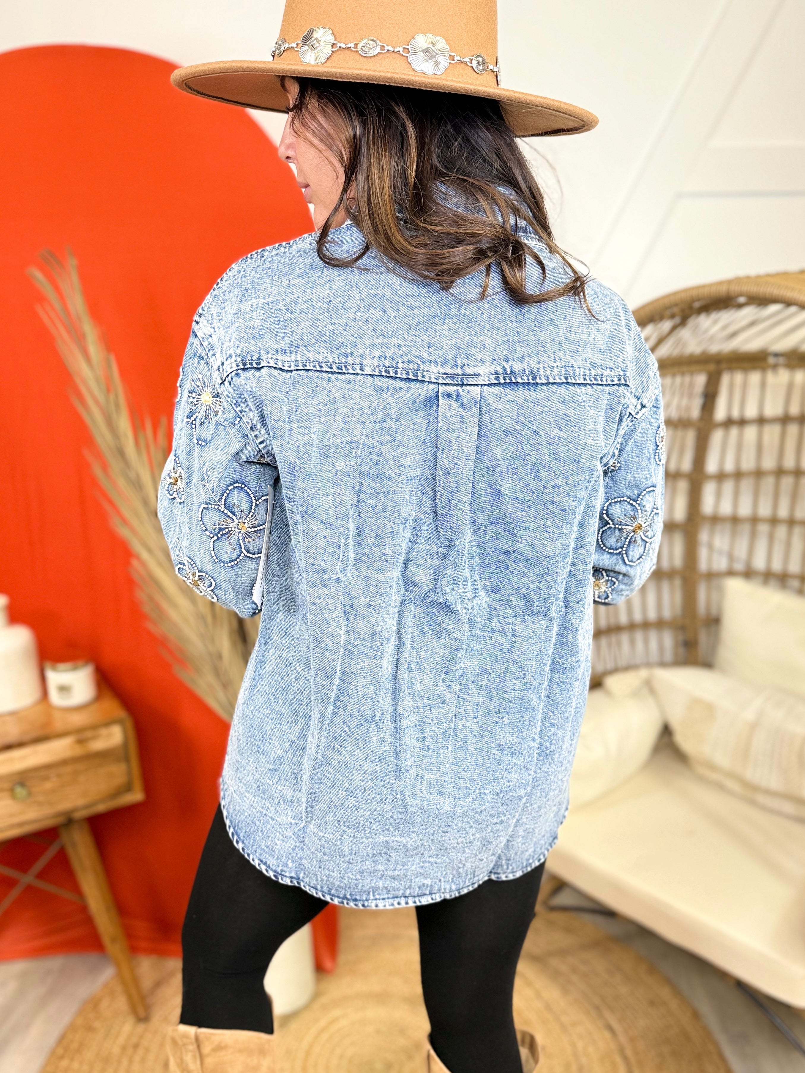 Favorite Things Floral Button Down Denim Jacket-200 JACKETS/SHACKETS-La Ros-Heathered Boho Boutique, Women's Fashion and Accessories in Palmetto, FL