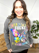 Cancer SUCKS in Every Color Long Sleeve Graphic Tee-120 Long Sleeve Tops-Heathered Boho-Heathered Boho Boutique, Women's Fashion and Accessories in Palmetto, FL