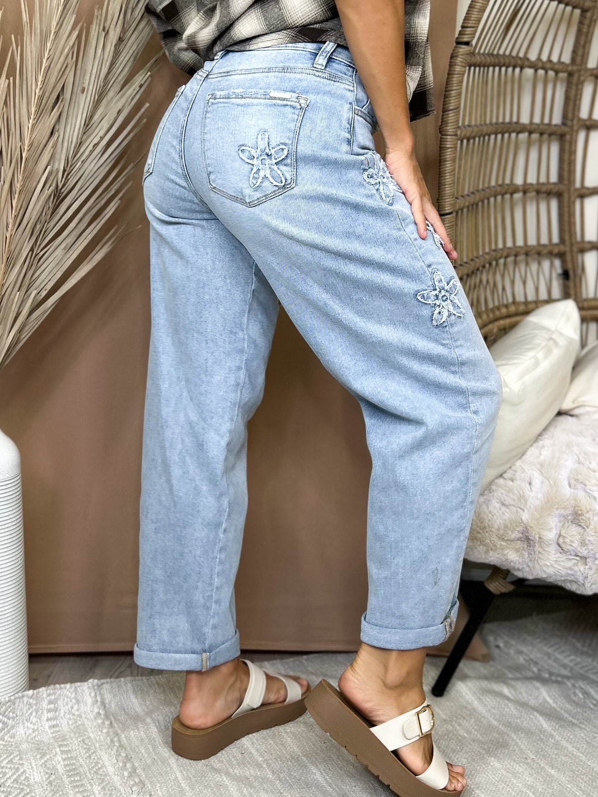 The Flower Child Barrel Jeans By Risen-190 JEANS-RISEN-Heathered Boho Boutique, Women's Fashion and Accessories in Palmetto, FL