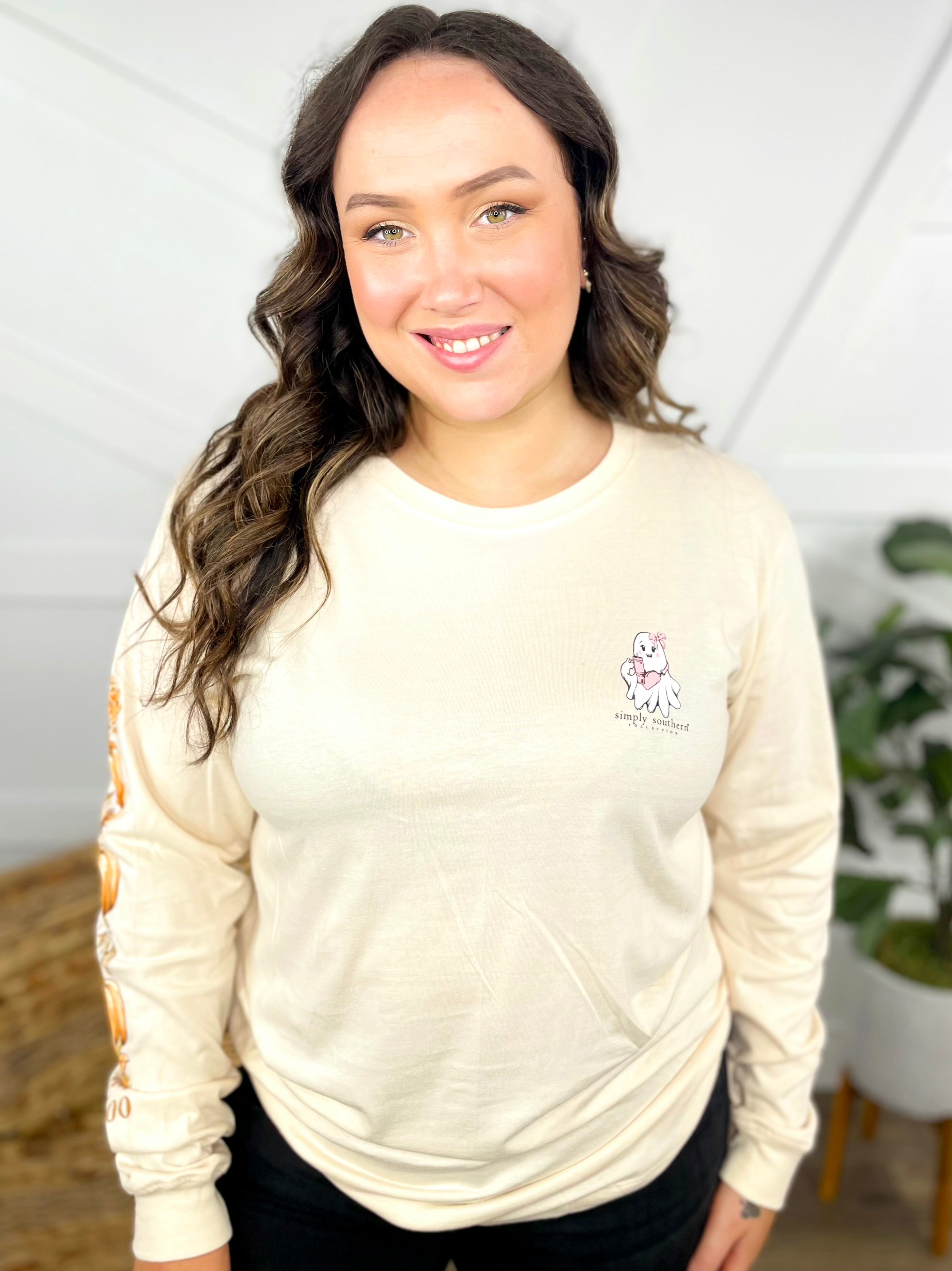 Boo Long Sleeve Graphic Tee-130 Graphic Tees-Simply Southern-Heathered Boho Boutique, Women's Fashion and Accessories in Palmetto, FL