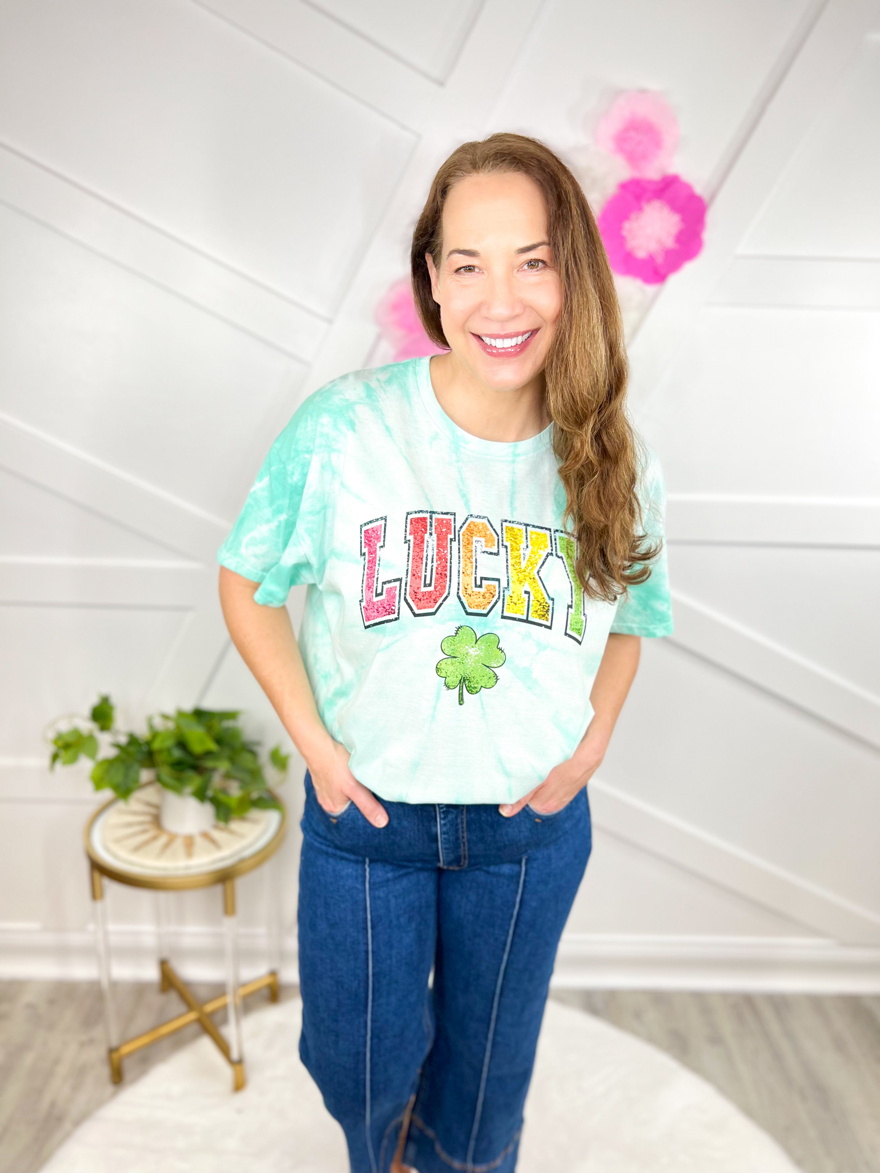 Rainbow Lucky Graphic Tee-130 Graphic Tees-Heathered Boho-Heathered Boho Boutique, Women's Fashion and Accessories in Palmetto, FL