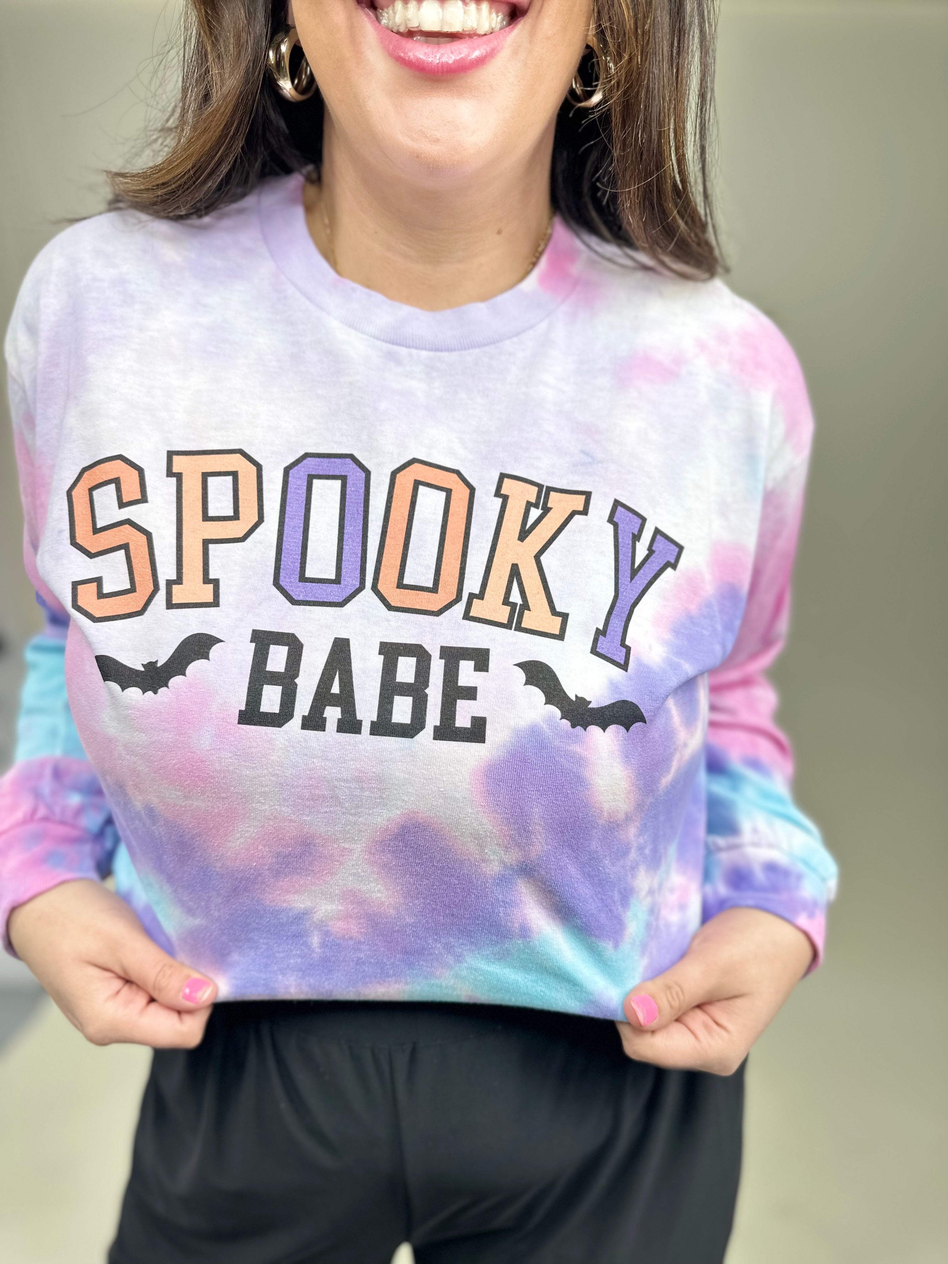 Tie Dye Spooky Babe Graphic Long Sleeve-120 Long Sleeve Tops-Heathered Boho-Heathered Boho Boutique, Women's Fashion and Accessories in Palmetto, FL